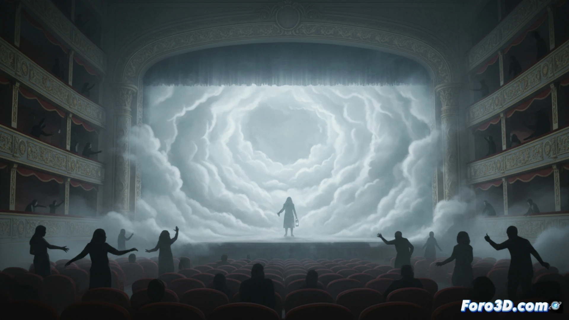 Niebla densa envuelve al público en un teatro oscuro, manos extendidas buscan contacto mientras la vista se pierde en lo efímero.