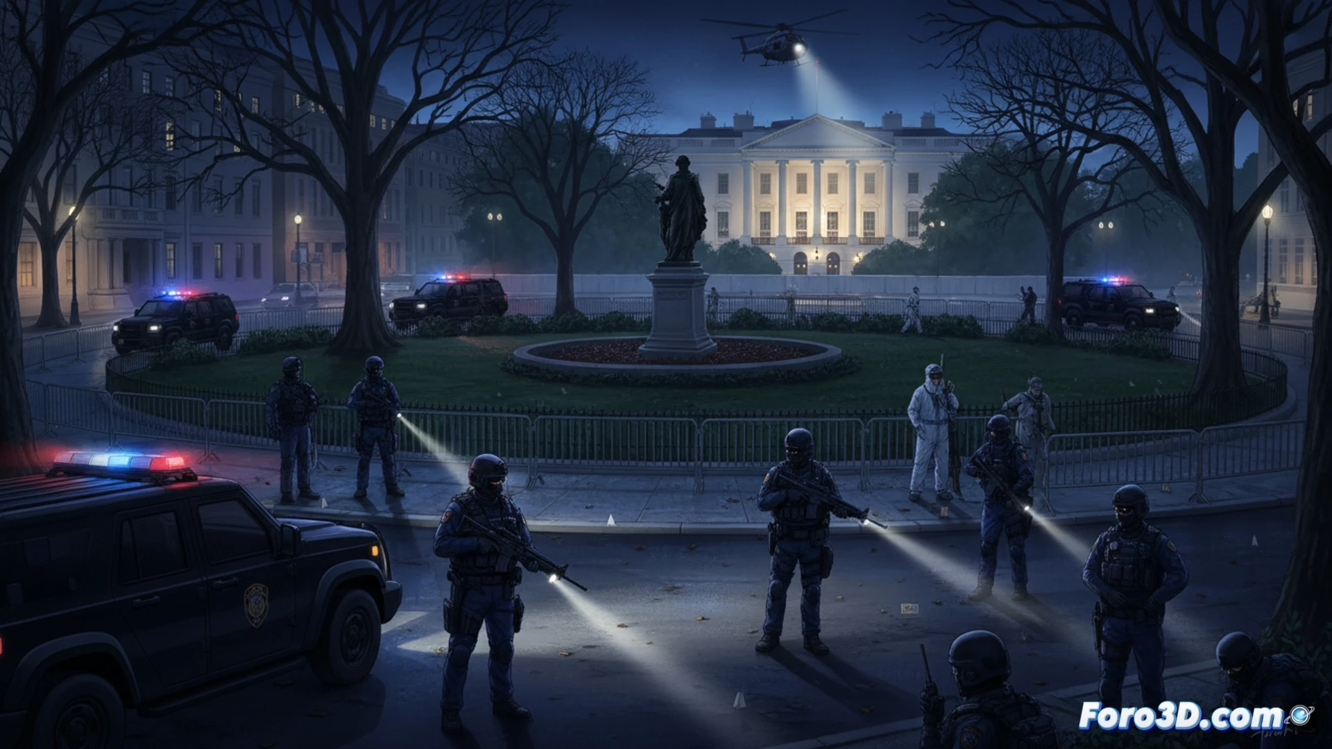 Agentes del Servicio Secreto y policía buscan en el parque Lafayette, frente a la Casa Blanca iluminada de noche, tras un tiroteo. Calles cortadas, ambiente de tensión.