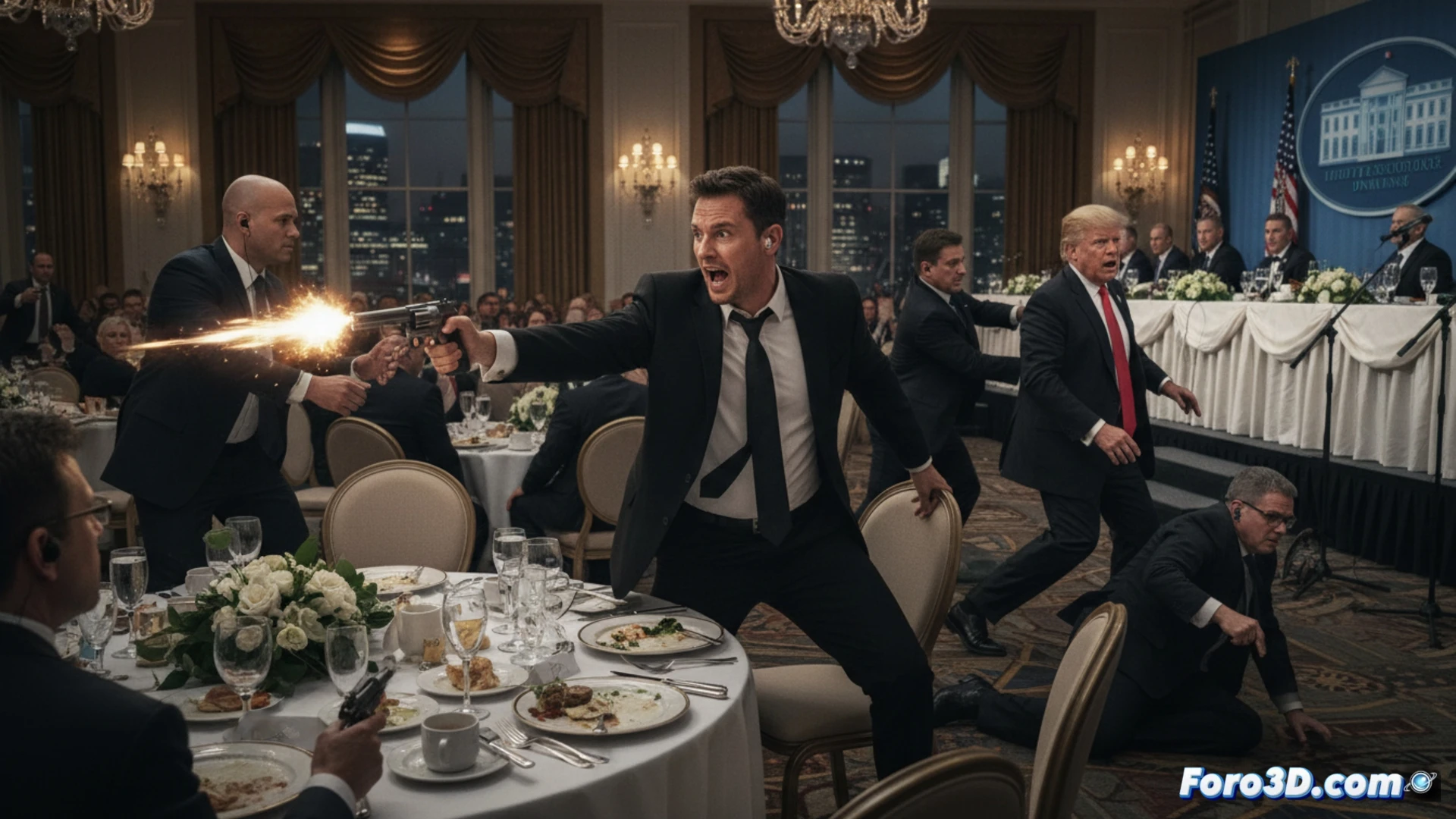 Escena caótica en cena formal: agentes del Servicio Secreto escoltan a Trump ileso; un agente herido yace en el suelo entre mesas volcadas.