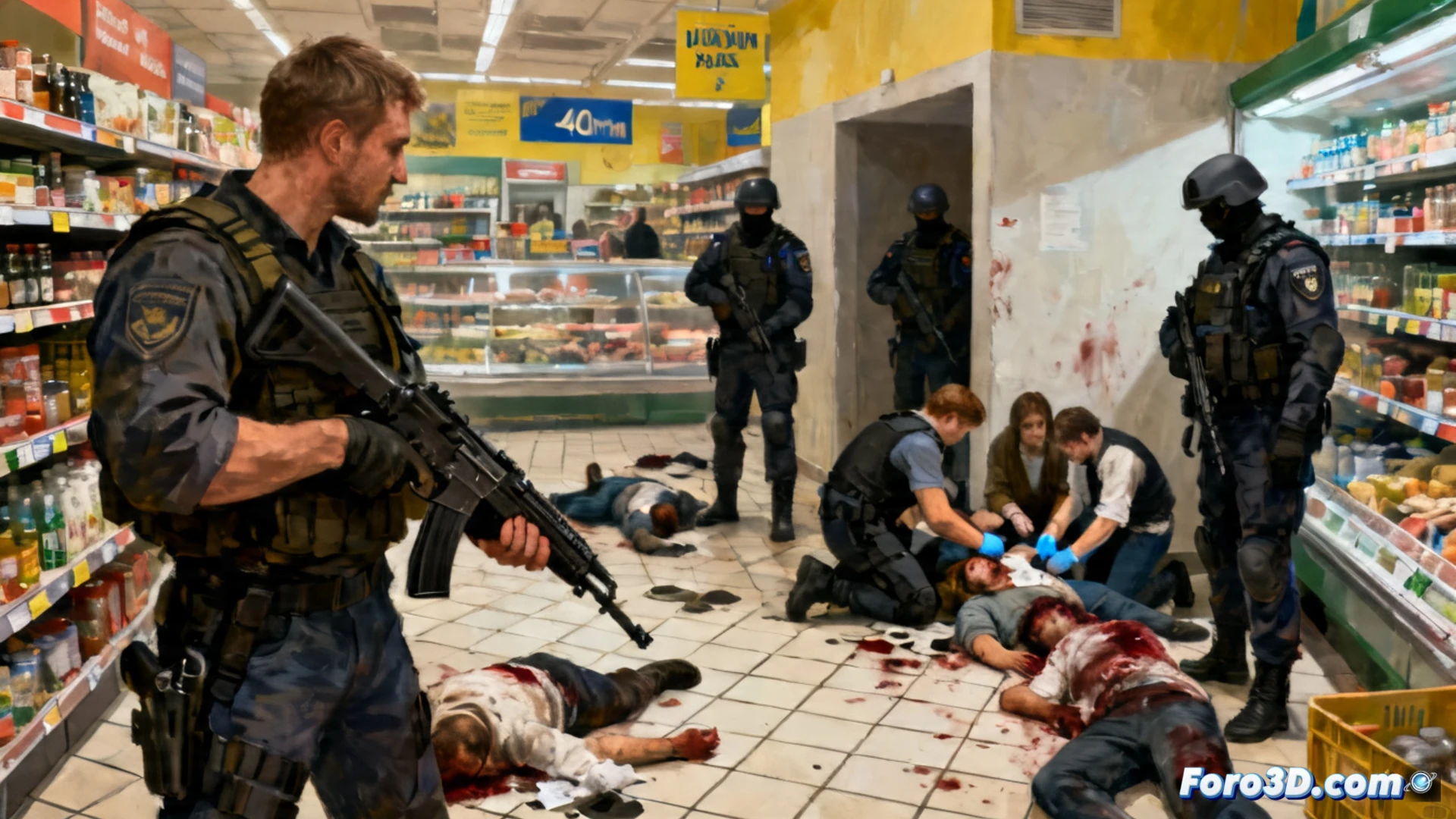 Un hombre armado dispara dentro de un supermercado, con cuerpos en el suelo y policías rescatando rehenes entre estanterías destrozadas.