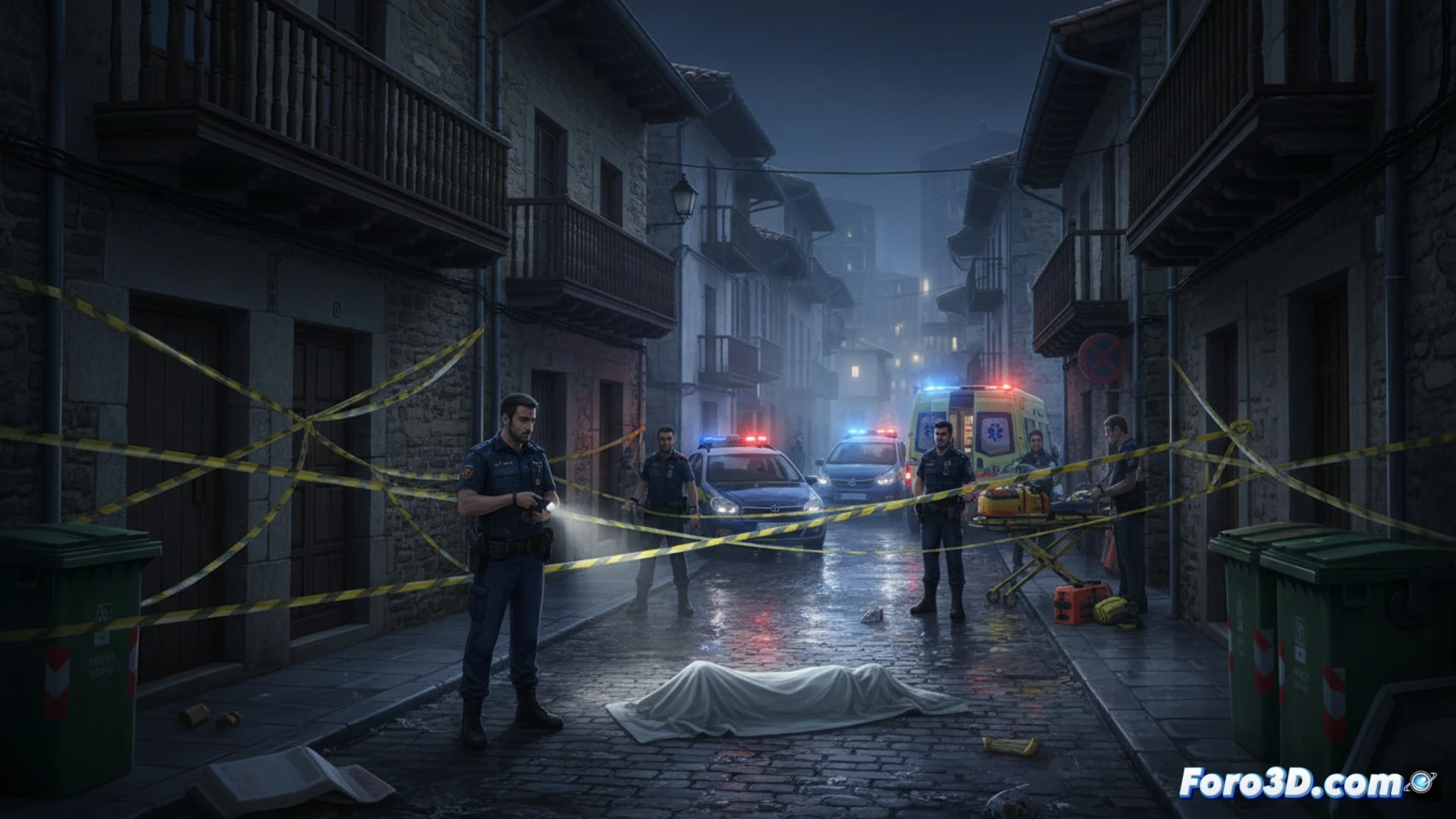 Una calle residencial nocturna en Irún, con cinta policial y agentes de la Ertzaintza junto a un cuerpo cubierto.