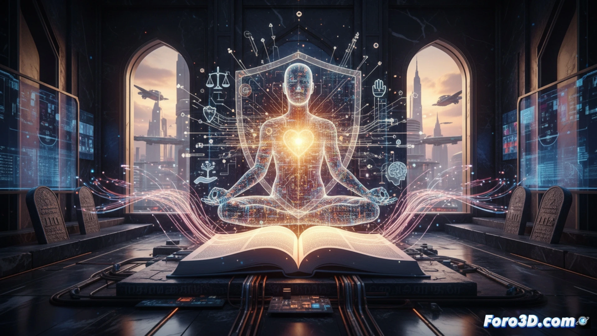 Escultura digital abstracta que representa los tres pilares del Tirukkural como columnas de luz entrelazadas, con versos en tamil flotando a su alrededor.