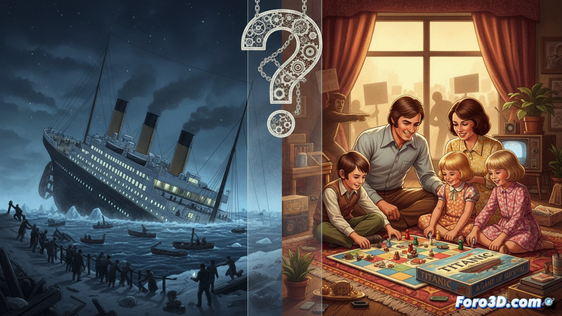 Un tablero de juego vintage del Titanic, con fichas de pasajeros dispersas cerca de un barco de juguete inclinado.