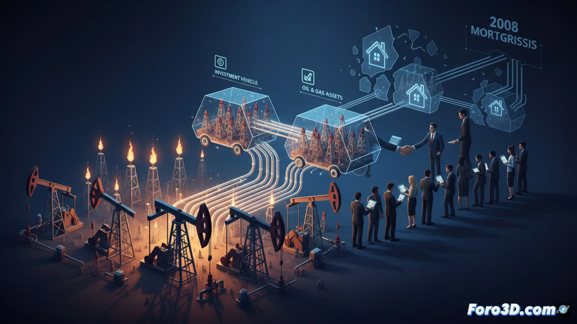 Visualización 3D de pozos petroleros maduros empaquetados como bonos financieros estructurados para inversión institucional