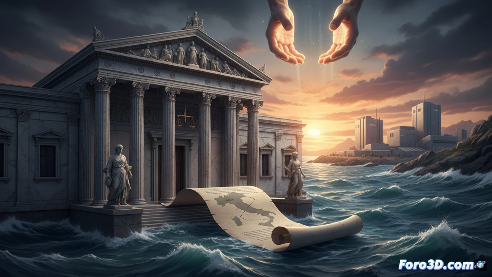 Descripción para imagen (80-120 caracteres):  
Sala del TJUE con mapa de Italia y Albania, jueces y documento de protocolo migratorio.