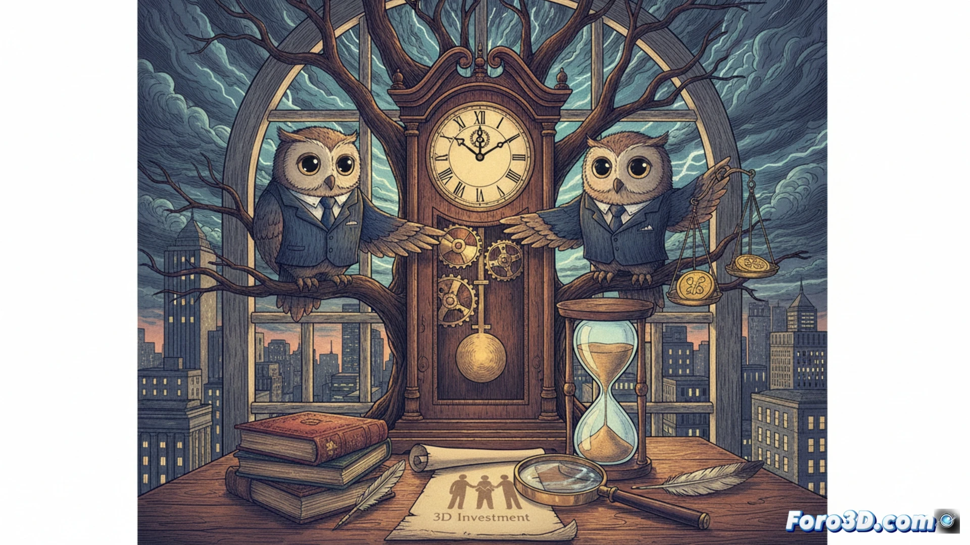 Una junta directiva revisando documentos financieros, con gráficos de bolsa y un reloj simbolizando la extensión del plazo.