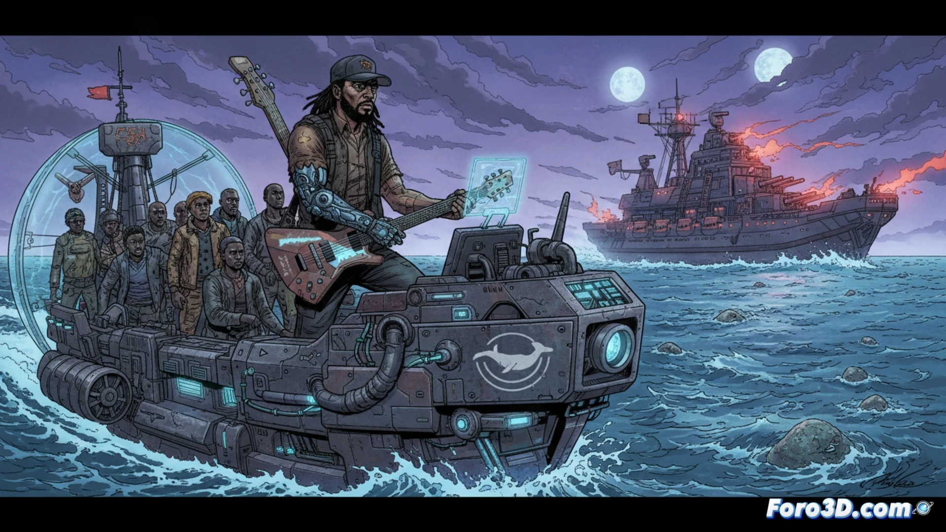 Tom Morello y Robert Smalls en nave espacial, guitarras eléctricas y cadenas rotas sobre fondo de guerra estelar.