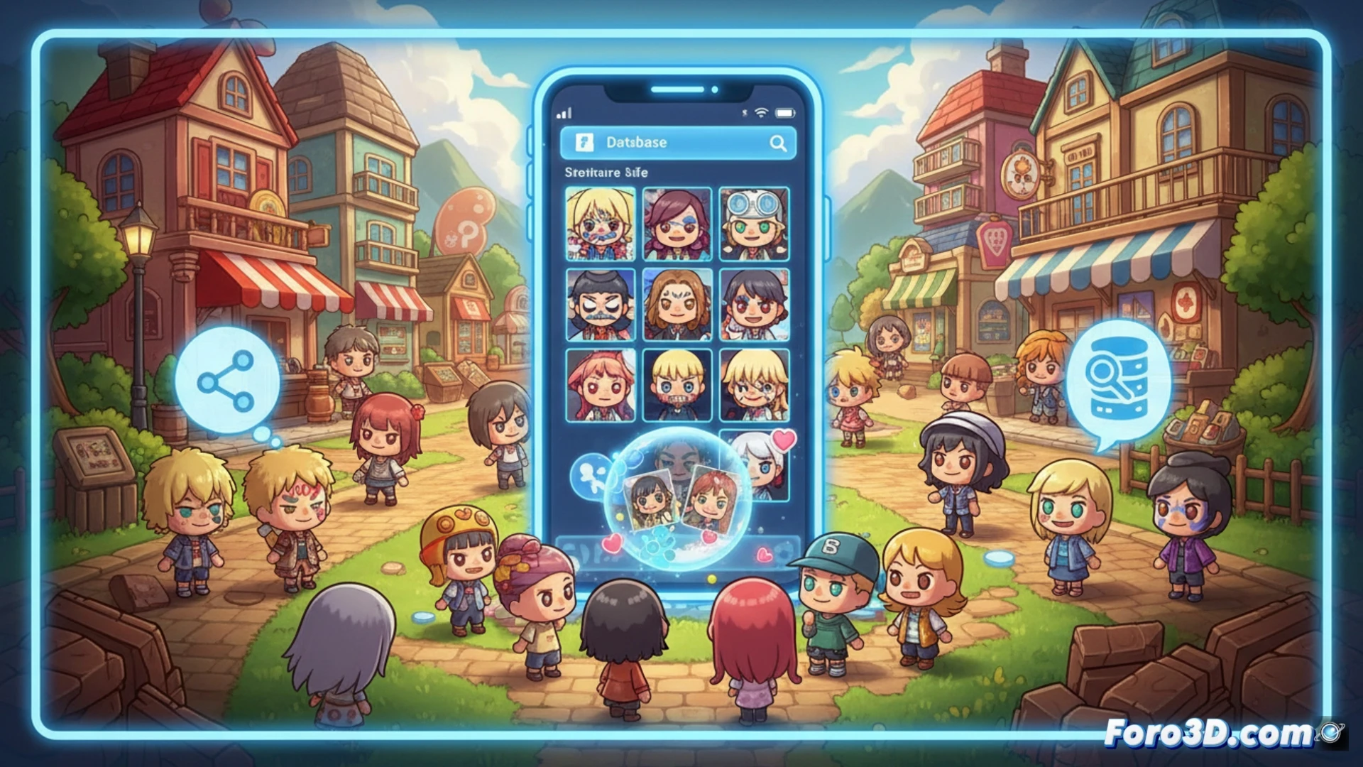 Un Mii sonriente frente a una pantalla de Tomodachi Life, con un icono de TomodachiShare brillando en el fondo, simbolizando el vacío de compartir.