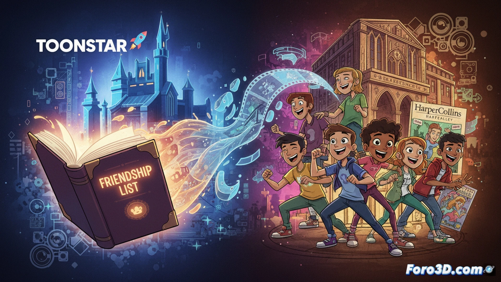 Un brazo robótico con un libro de HarperCollins dibuja personajes animados en una pantalla, simbolizando la adaptación con IA.