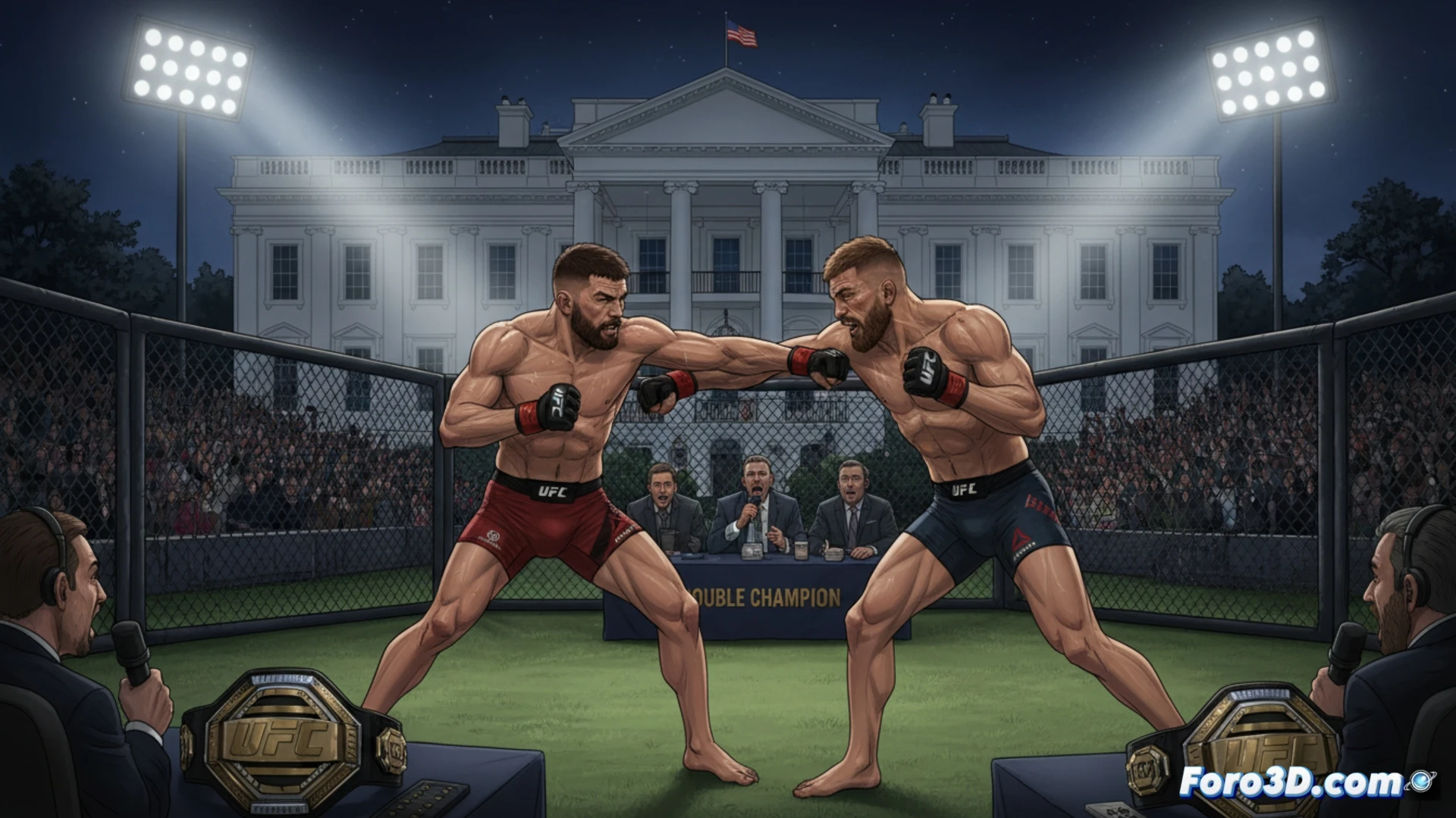 Ilia Topuria, invicto y campeón, mira fijamente a la cámara. Detrás, imágenes fantasmales de sus legendarias víctimas: Volkanovski, Holloway y Oliveira. A su lado, el cinturón de campeón brilla, mientras Justin Gaethje emerge de la sombra, listo para el desafío.