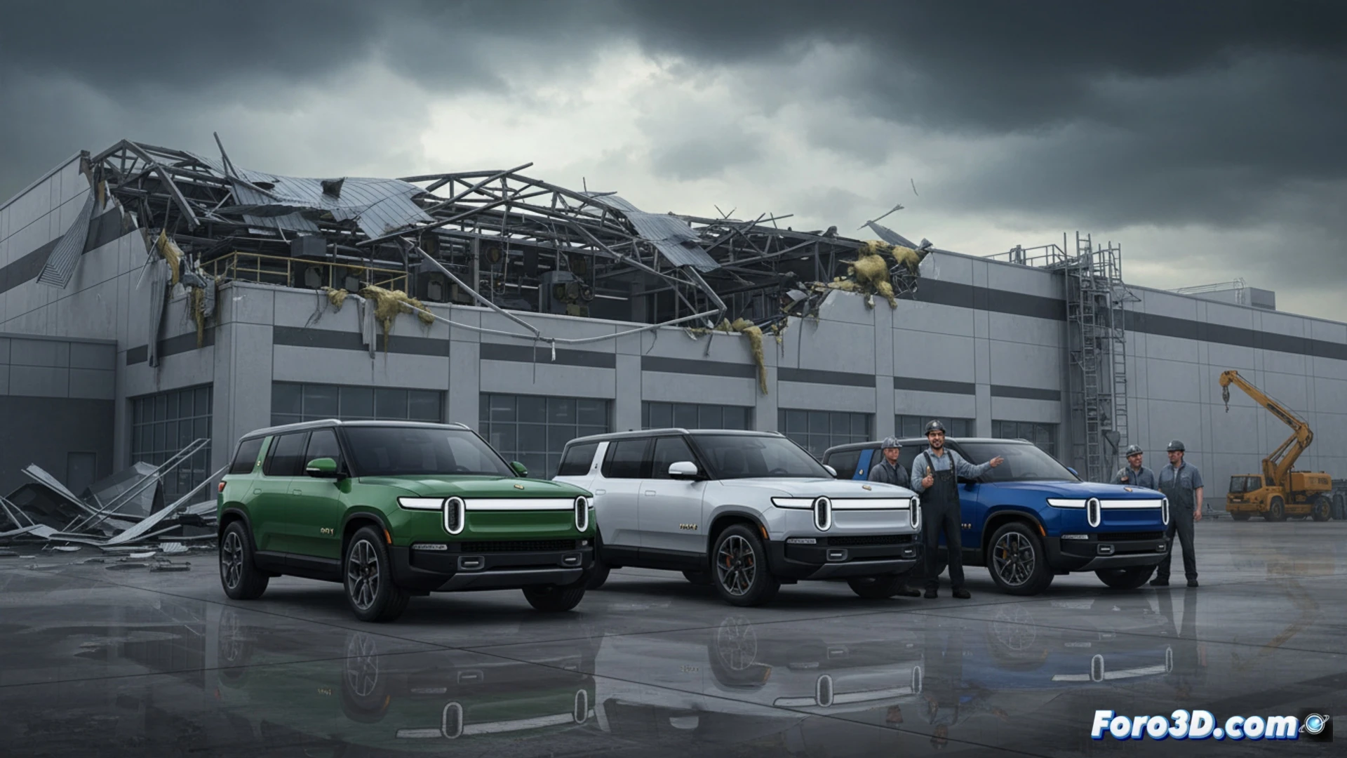 Una SUV eléctrica Rivian R2 brilla bajo focos en fábrica, con techo dañado y cielo tormentoso de fondo.