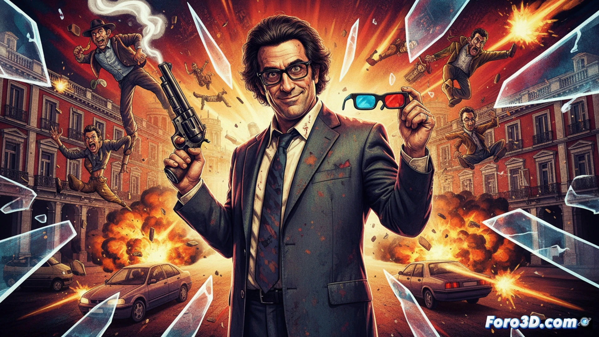 Torrente, con sus gafas 3D, blandiendo su porra en una calle madrileña llena de caos y carteles de 