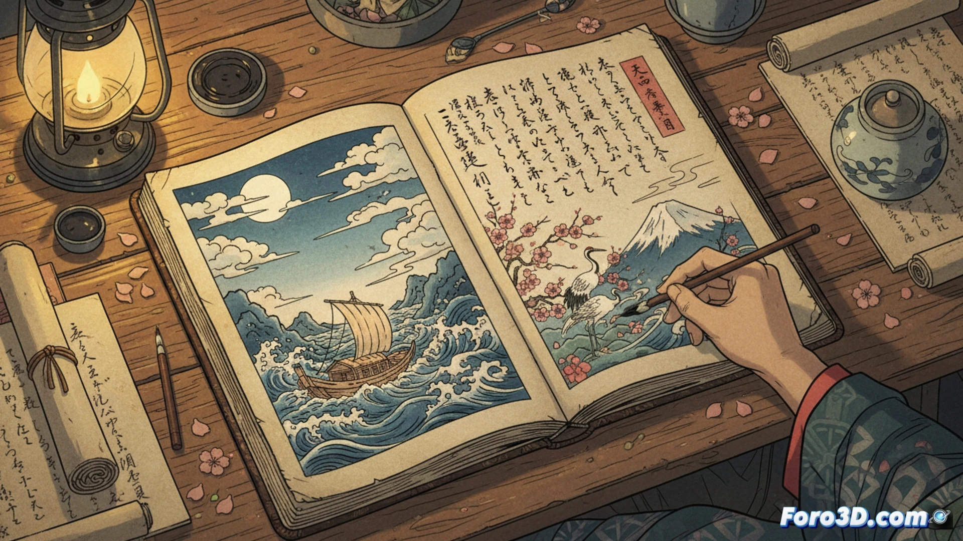 Un diario de viaje antiguo con caligrafía japonesa, junto a poemas waka y prosa en papel envejecido.