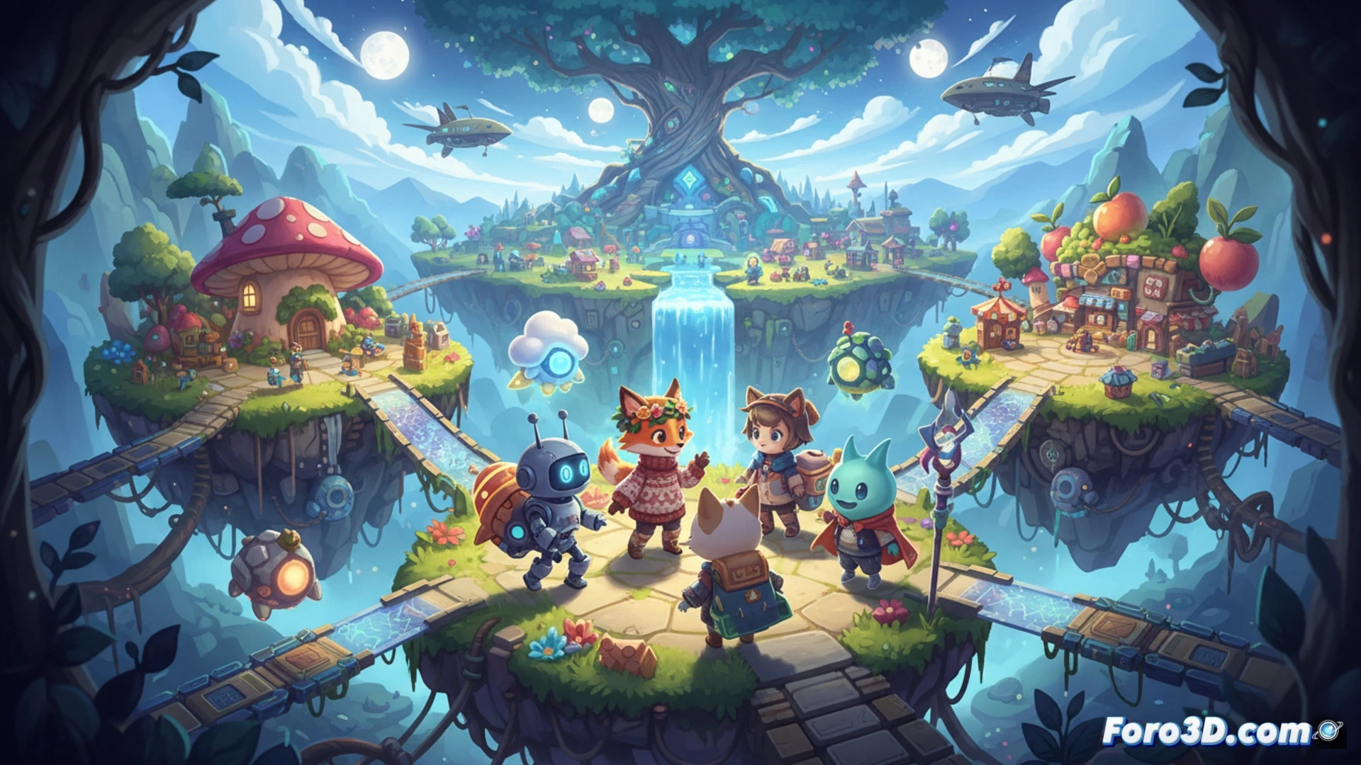 Un vibrante mundo digital con avatares coloridos y criaturas llamadas Atomons, bajo un cielo brillante de arcoíris, listo para explorar en PC y consolas.