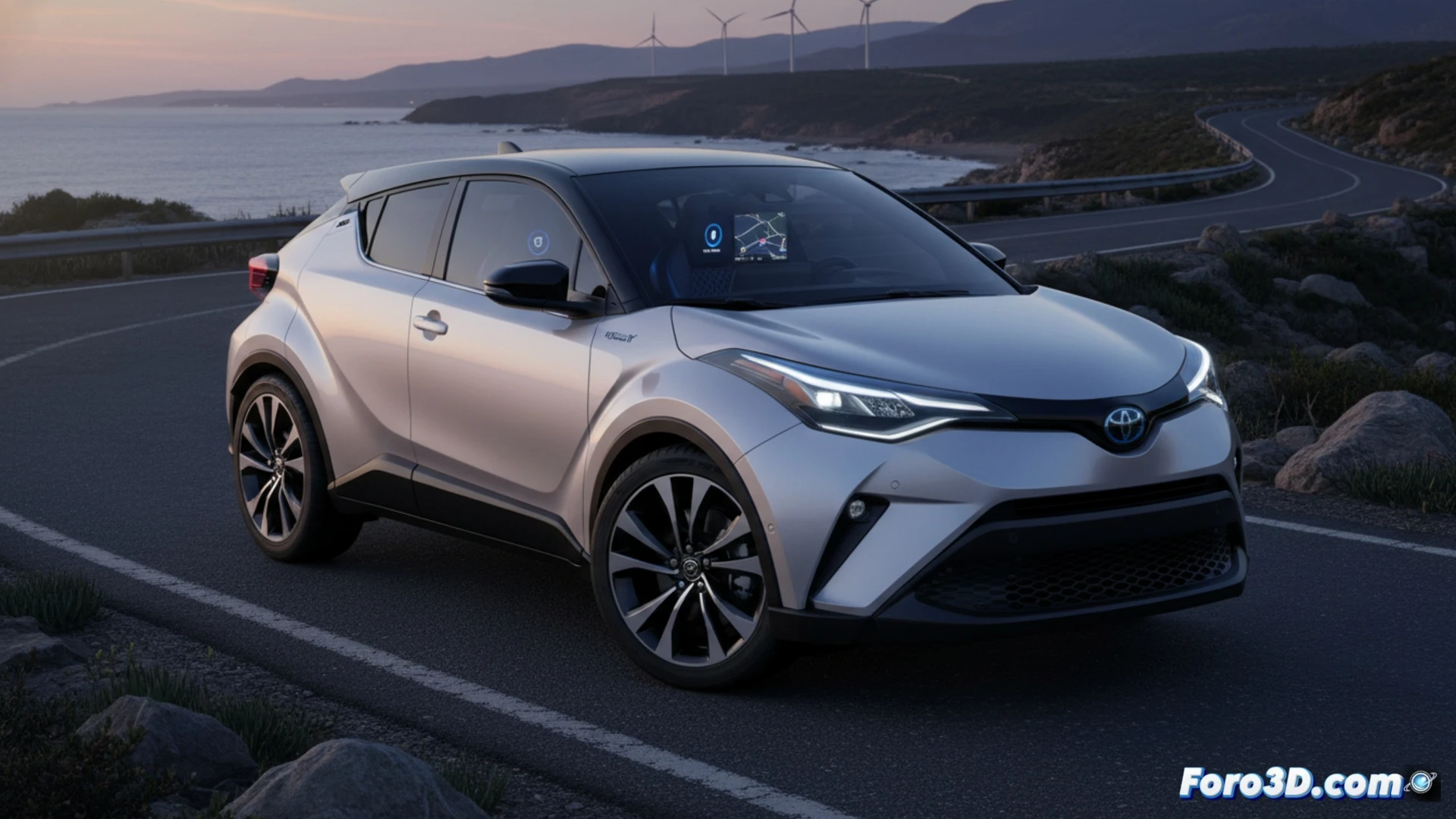 Toyota C-HR+ eléctrico en carretera, color azul, batería 77 kWh, 607 km autonomía, diseño SUV moderno.