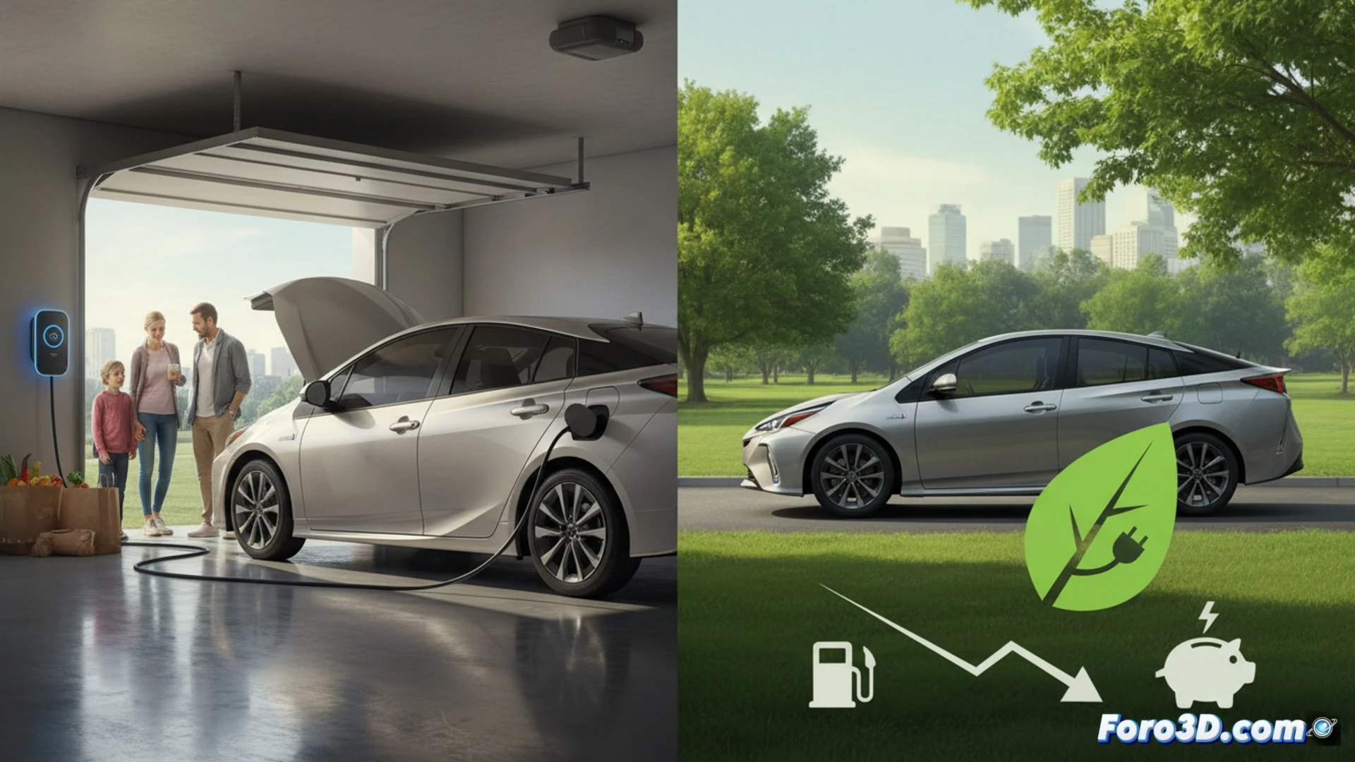 Un Toyota Prius híbrido enchufable, moderno y aerodinámico, cargando en un enchufe doméstico junto a una casa.