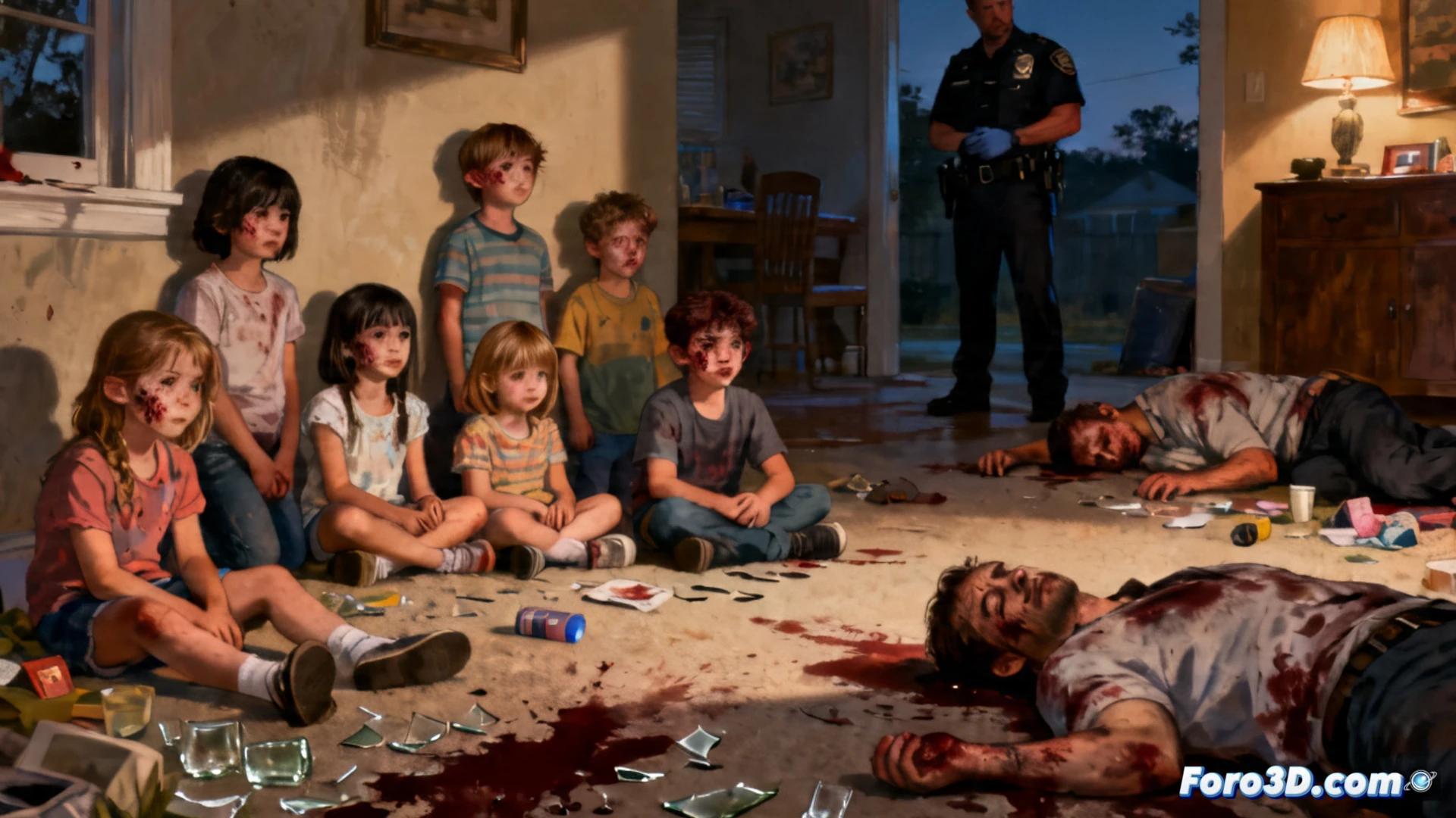 Una casa suburbana al amanecer, con policías y vehículos de emergencia. Silueta de un adulto en el suelo y juguetes infantiles en el jardín.