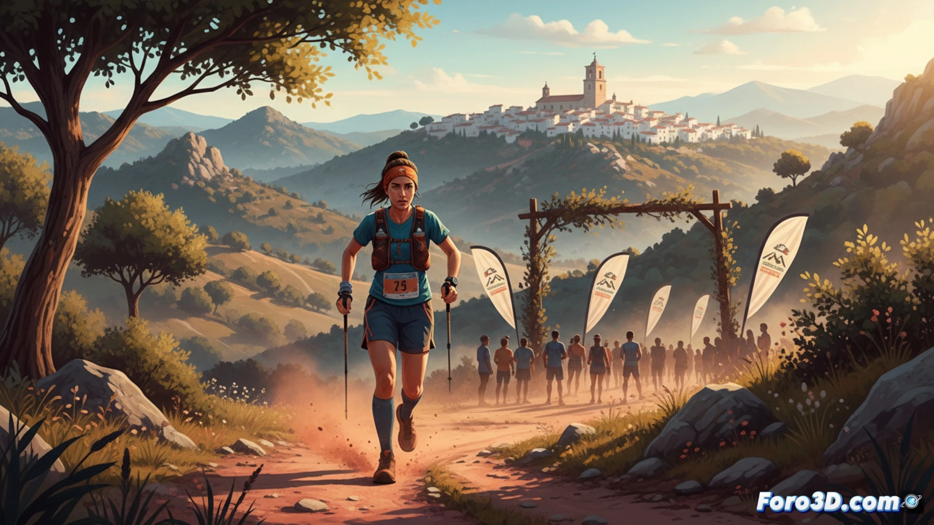 Corredor de trail en sendero rocoso de Guadalupe, con sol filtrándose entre pinos y montañas al fondo, bajo un cielo despejado.