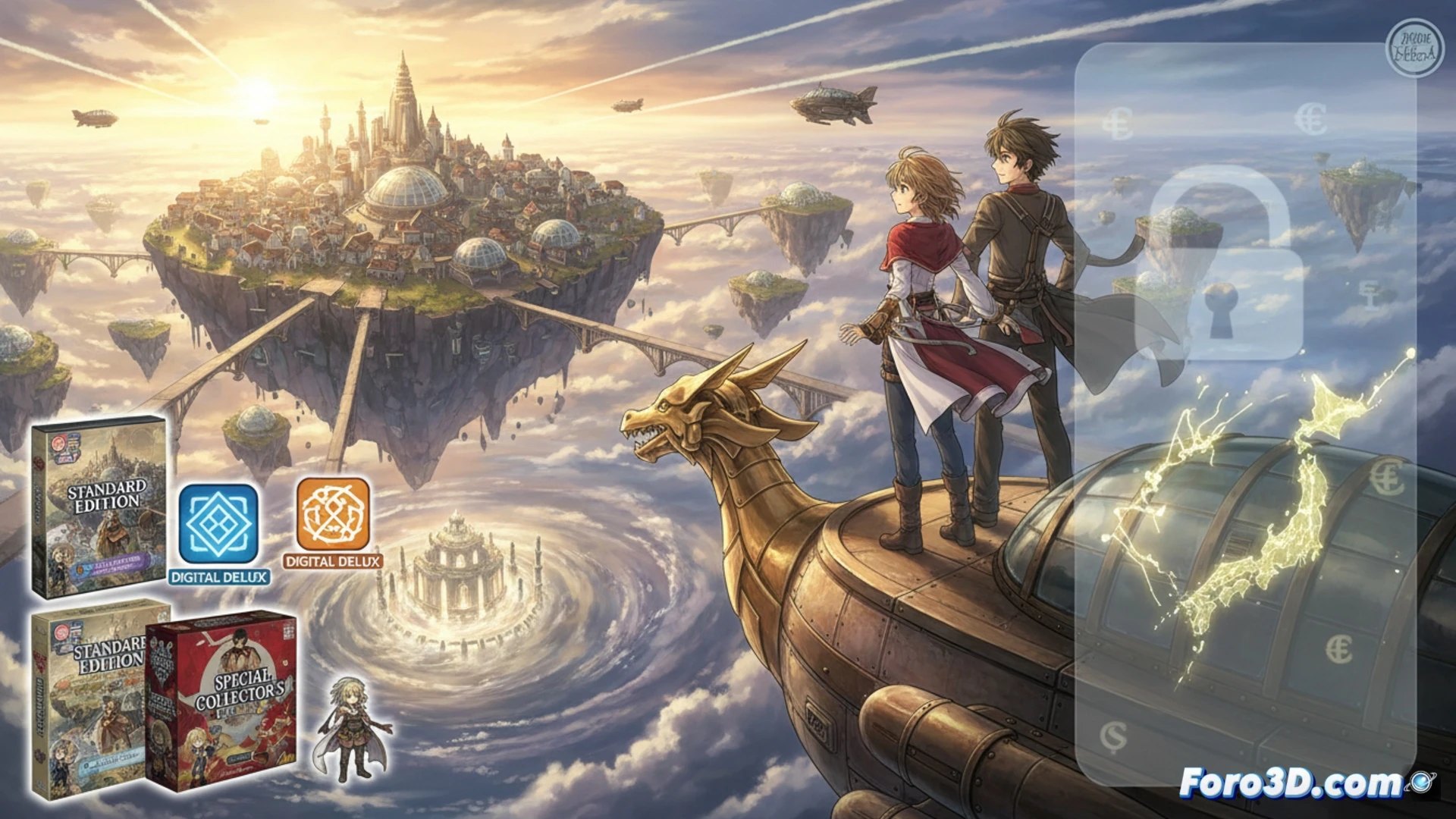 Una joven con espada mira al horizonte desde un risco, con un cielo estrellado y una ciudad antigua al fondo.