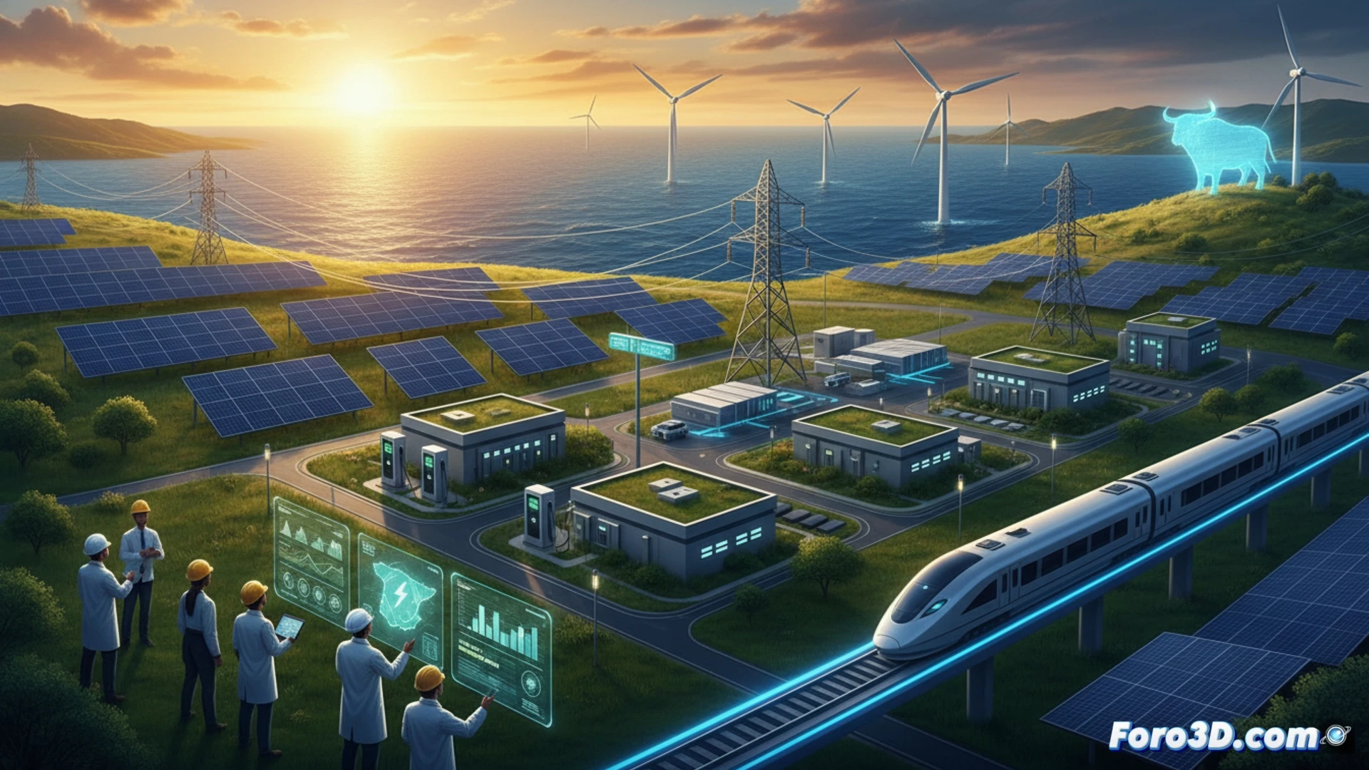 Mapa de España con molinos eólicos y paneles solares, flechas verdes hacia una casa autónoma.