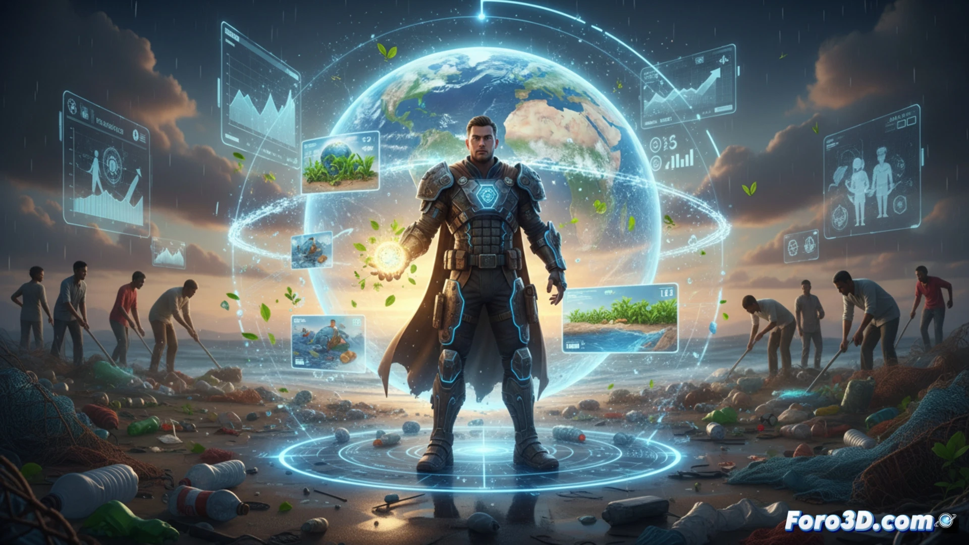 Un modelo 3D de un ecosistema marino contaminado, mostrando el impacto visual de los residuos plásticos en los corales y peces.