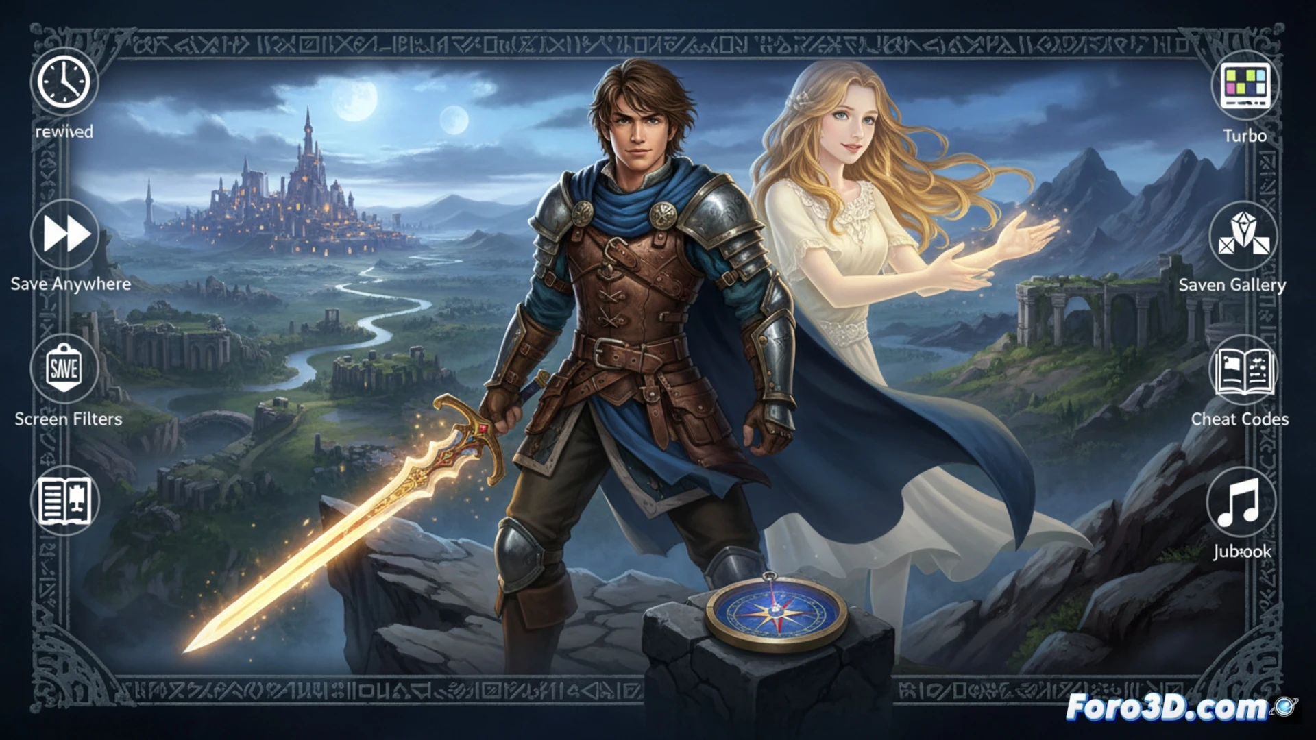 Un joven aventurero, Roy, observa un paisaje fantástico al atardecer, con la misteriosa silueta de Traysia brillando en el horizonte.