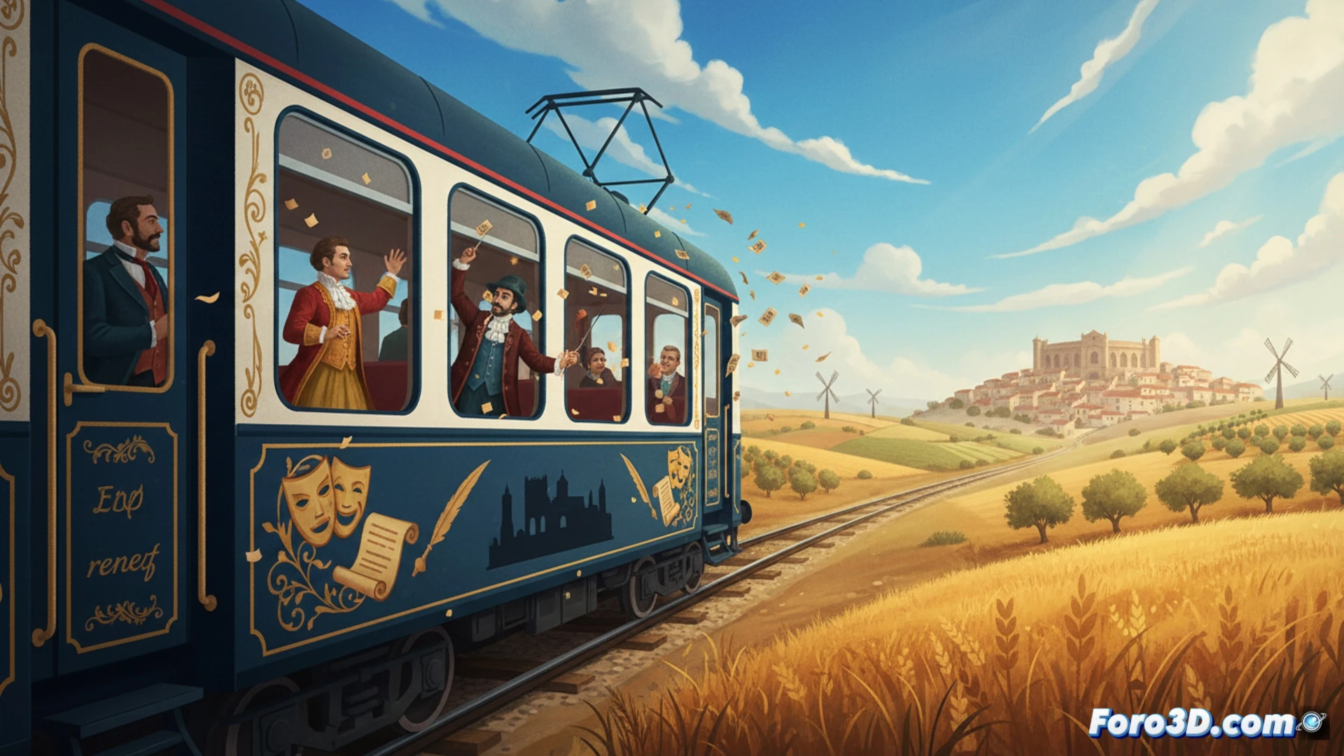 Un tren decorado con motivos clásicos avanza por campos dorados; actores en vestuario histórico actúan en el vagón.