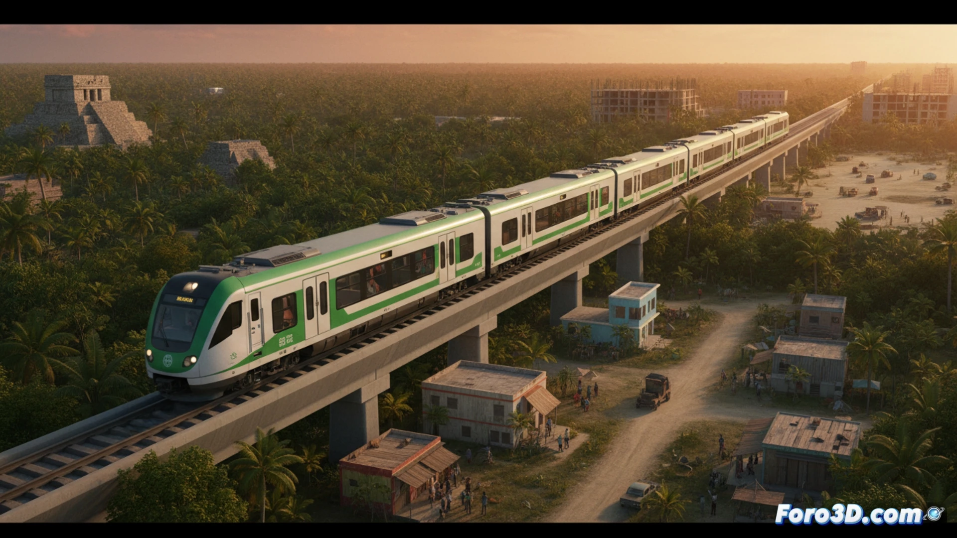 Un tren vacío cruza un paisaje selvático, mientras casas humildes y letreros desgastados bordean las vías.
