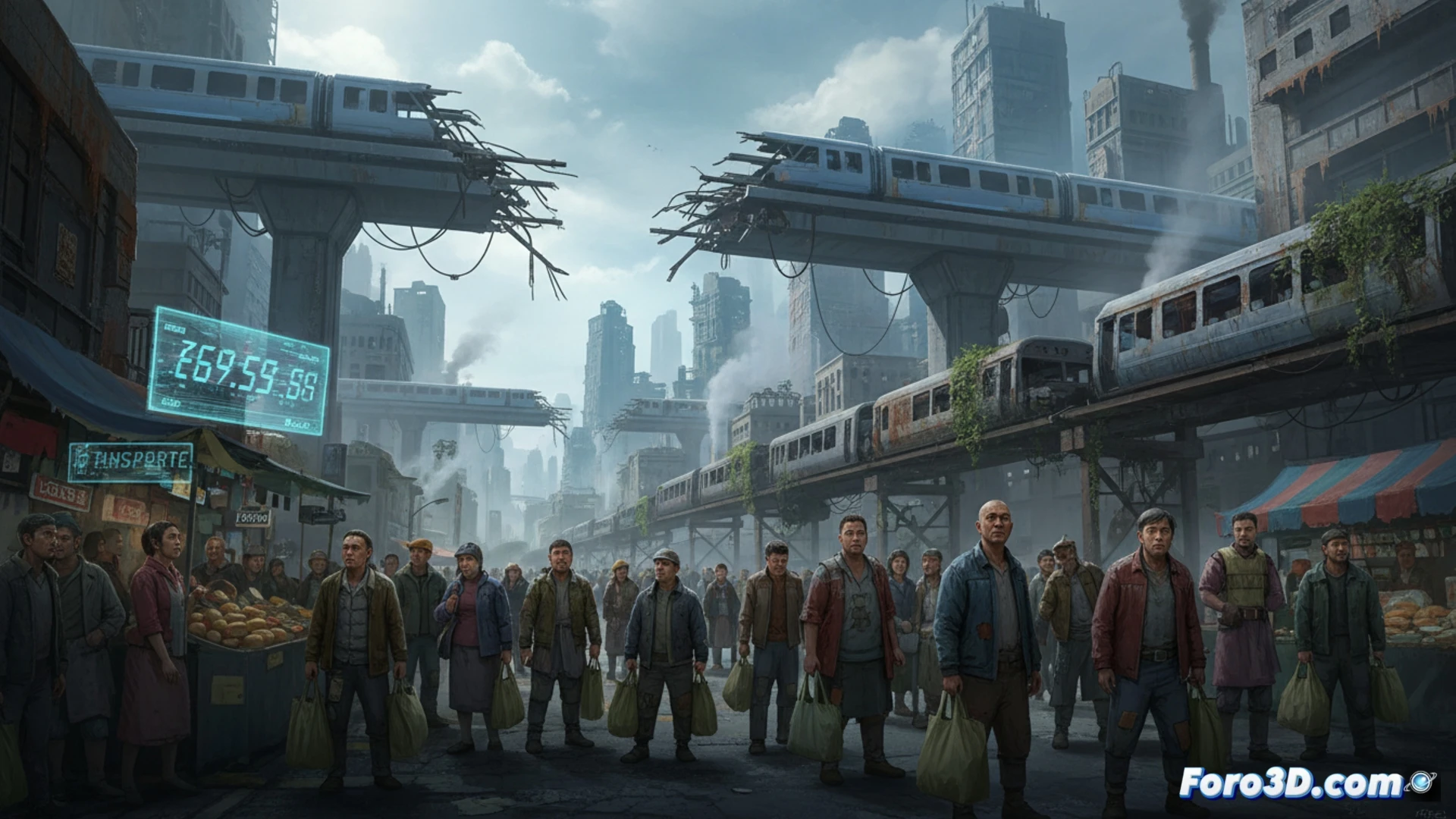 Un andén vacío bajo un cartel luminoso que muestra un tren cancelado. Al fondo, obras y vallas naranjas. En primer plano, un billete con el precio tachado y aumentado un 15%.