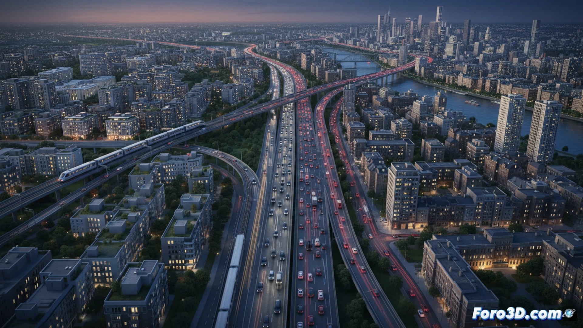 Imagen con vista aérea de una ciudad densa. Trenes modernos y autos en atascos se entrelazan en un caos urbano sincronizado, reflejando el estudio de ETH Zúrich y Wisconsin sobre cómo el transporte público moldea el desarrollo urbano.