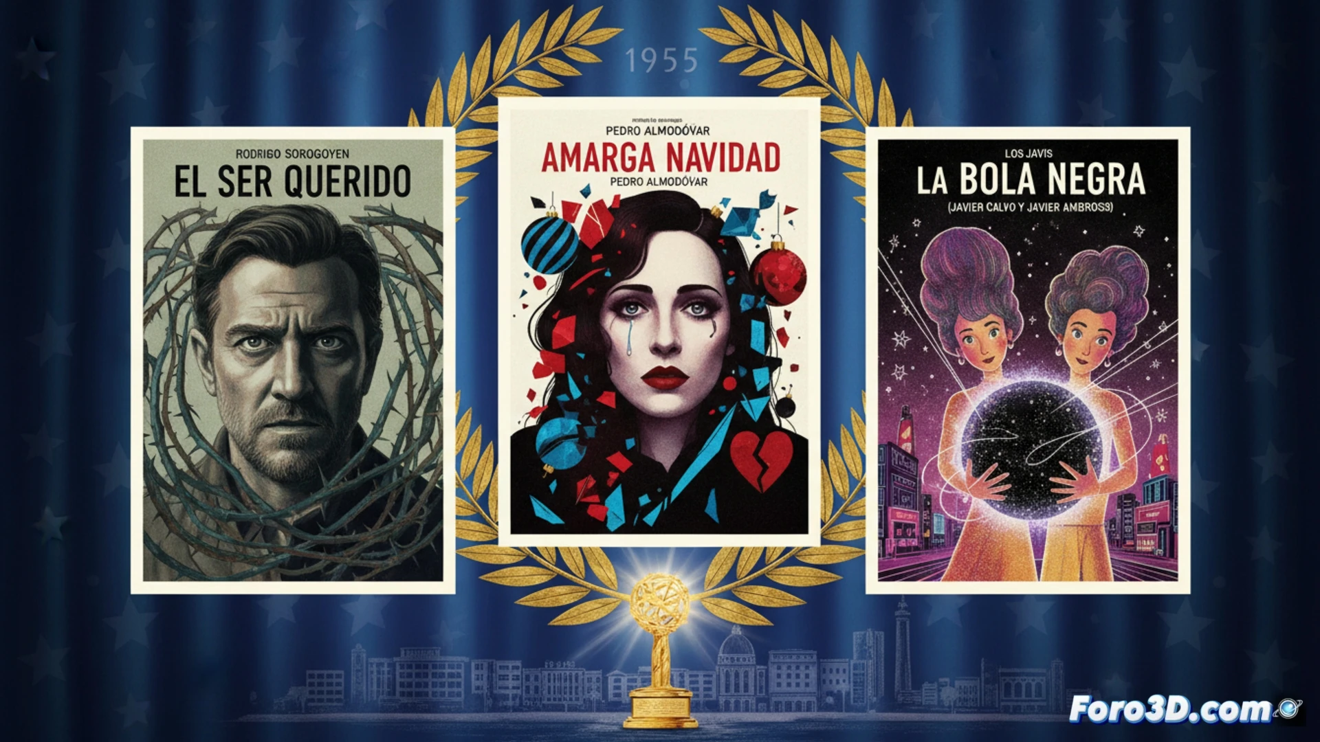 Tres directores españoles posan en Cannes, con carteles de sus películas 'Amarga Navidad', 'El ser querido' y 'La bola negra'.