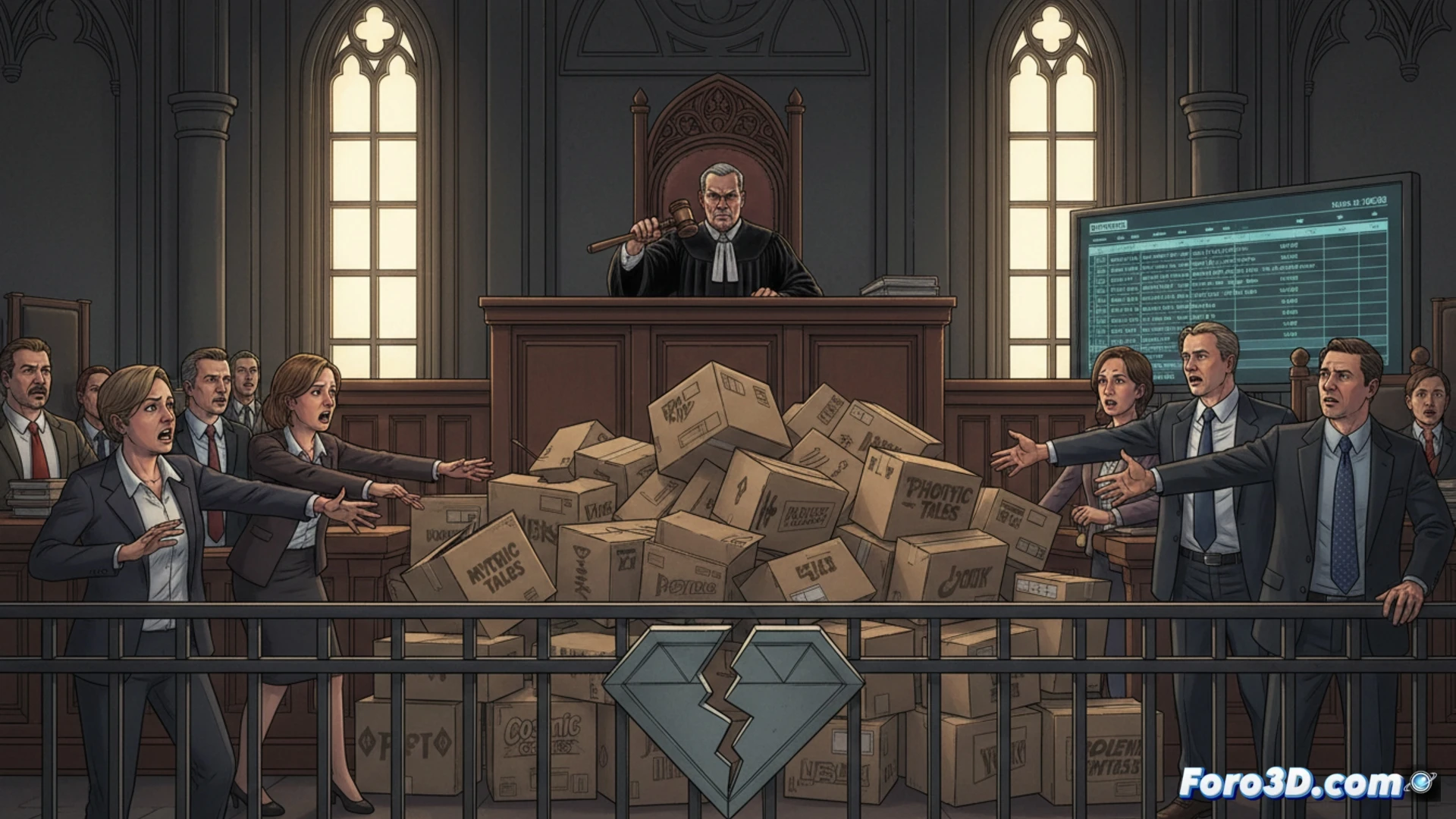 Un juez observa desde el estrado pilas de cómics, mientras abogados y editores discuten con gestos de frustración en una sala de audiencias.