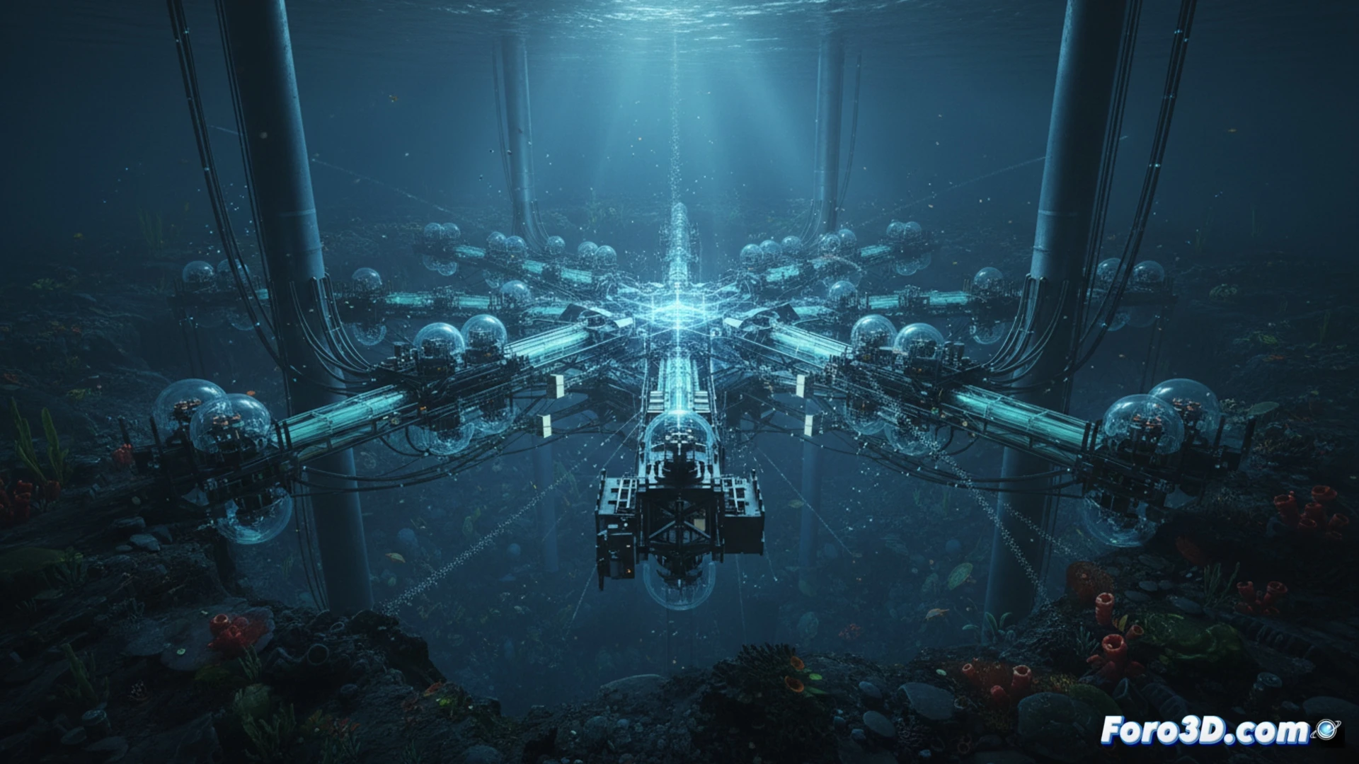 Representación 3D del telescopio de neutrinos TRIDENT en el fondo oceánico, con trayectorias de partículas subatómicas.