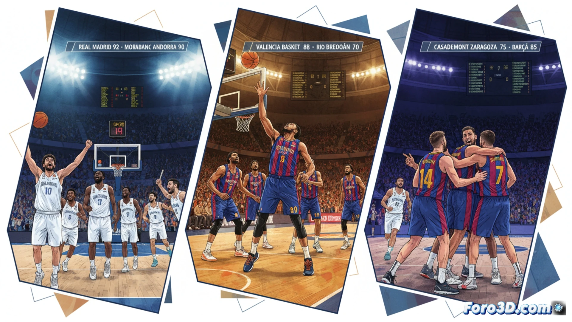 Tres equipos españoles celebran victorias en la ACB, con gestos de triunfo, antes de la semana decisiva de playoffs de Euroliga.