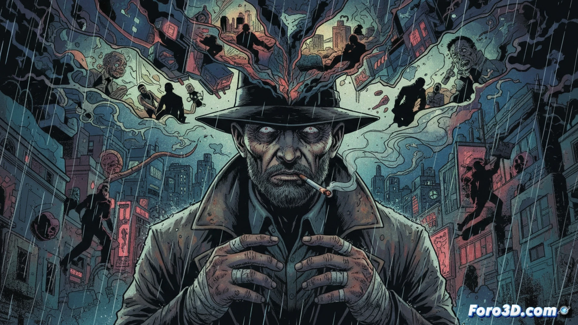 Un detective en sombras, su mente fragmentada reflejada en viñetas de estética pulp y tonos oscuros.