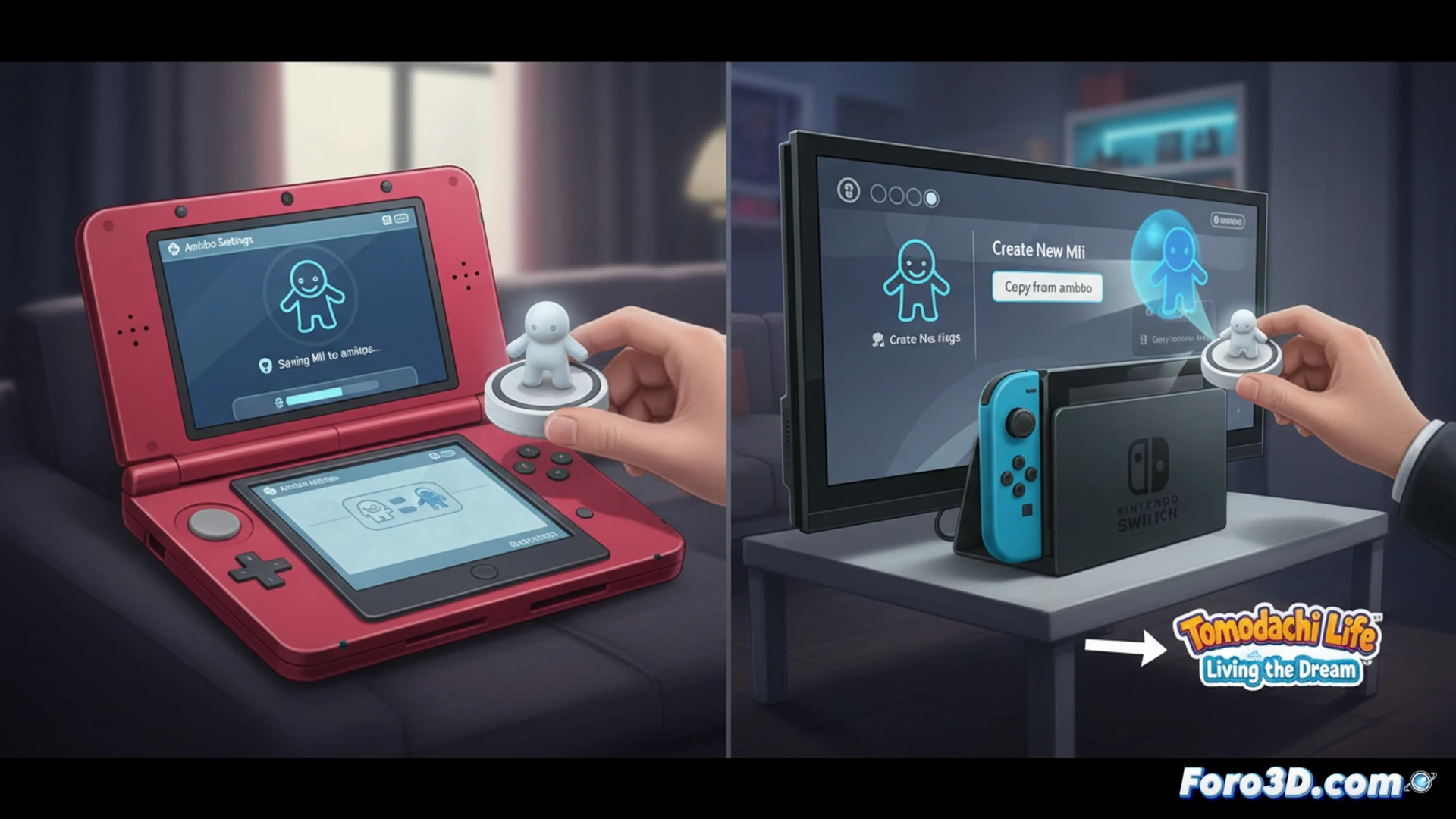 Un usuario transfiere Miis de 3DS a Switch usando un amiibo, en una mesa con consolas y cables, con fondo pixelado.