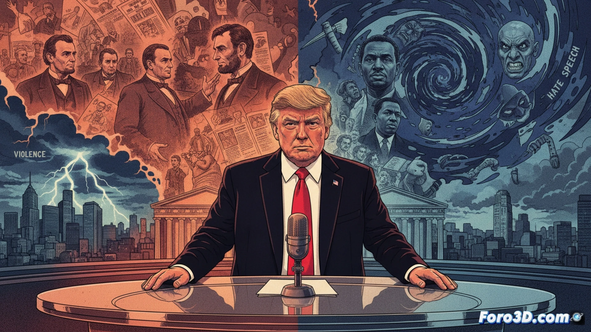 Un primer plano de Donald Trump en una entrevista televisiva, con gesto severo, mientras gráficos de noticias con titulares sobre violencia política y demócratas aparecen borrosos al fondo.