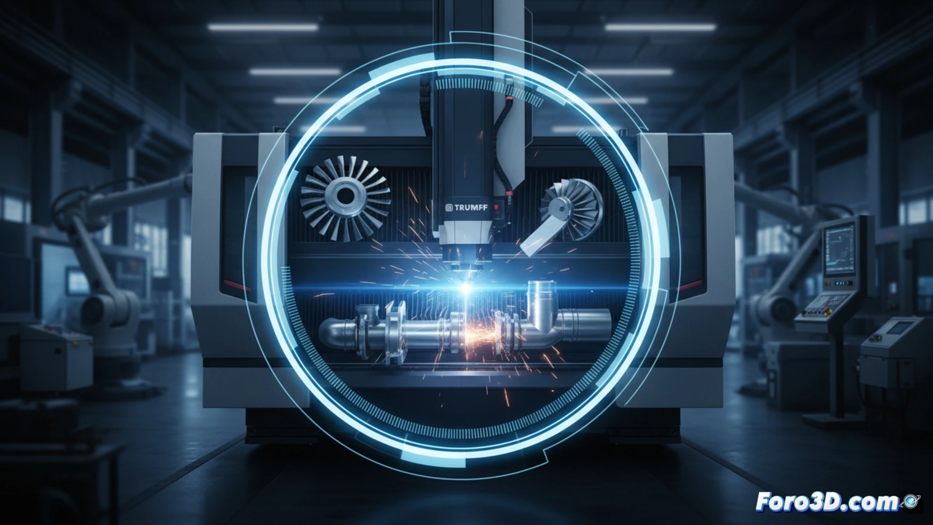 Descripción: Pantalla digital con gráficos 3D de piezas metálicas cortadas por láser, ingeniero señalando detalles en seminario online de Trumpf.