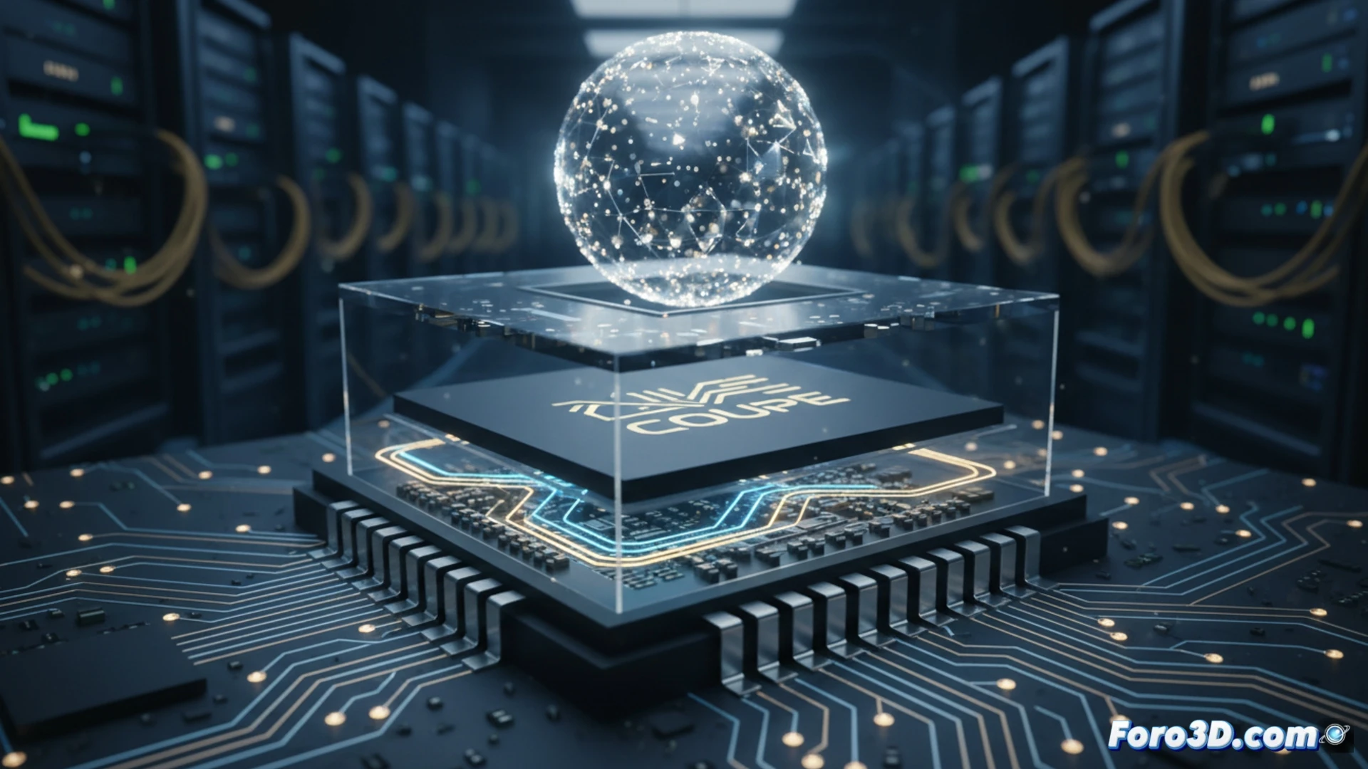 Micrografía estilizada: un chip TSMC con destellos lumínicos azules fluyendo por canales internos, conectado a un interposer. Fondo oscuro con circuitos dorados.