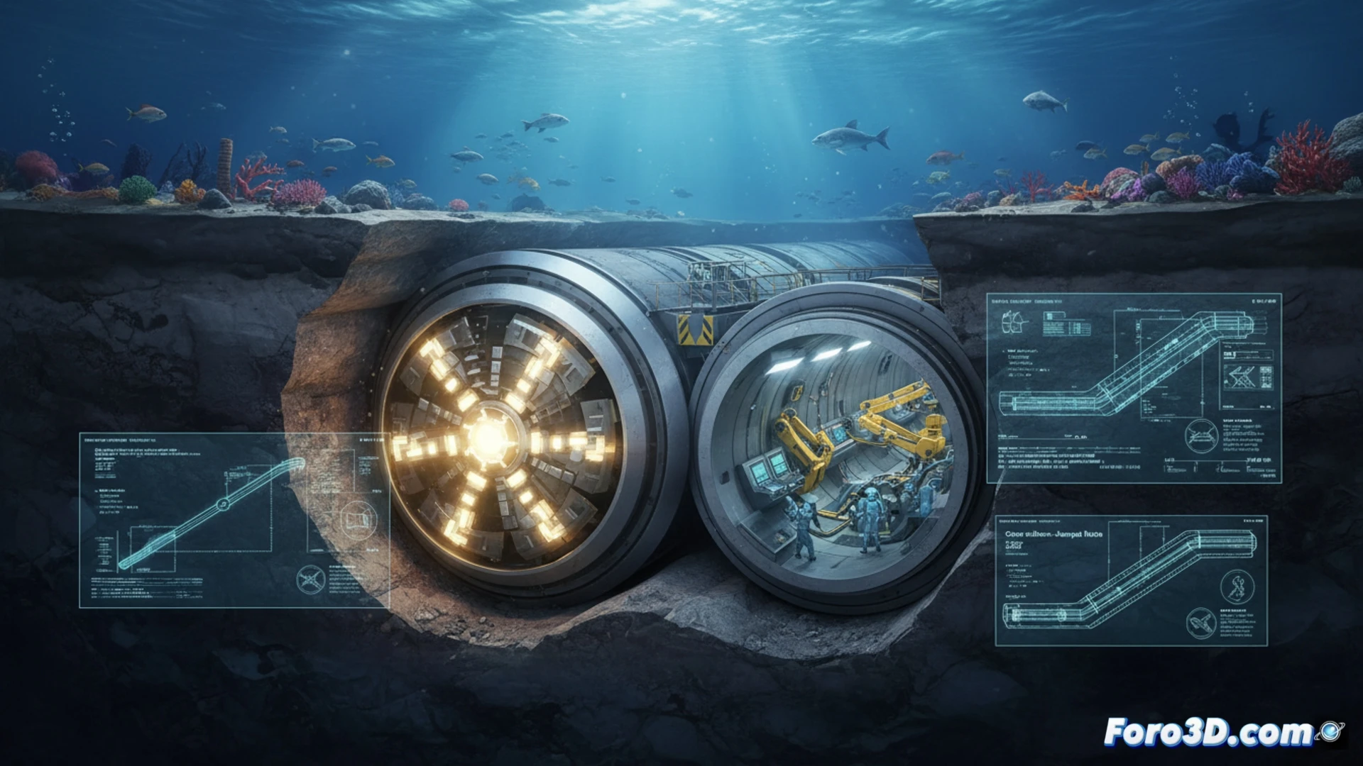 Vista aérea de la construcción del túnel submarino para tren de alta velocidad en la bahía de China.