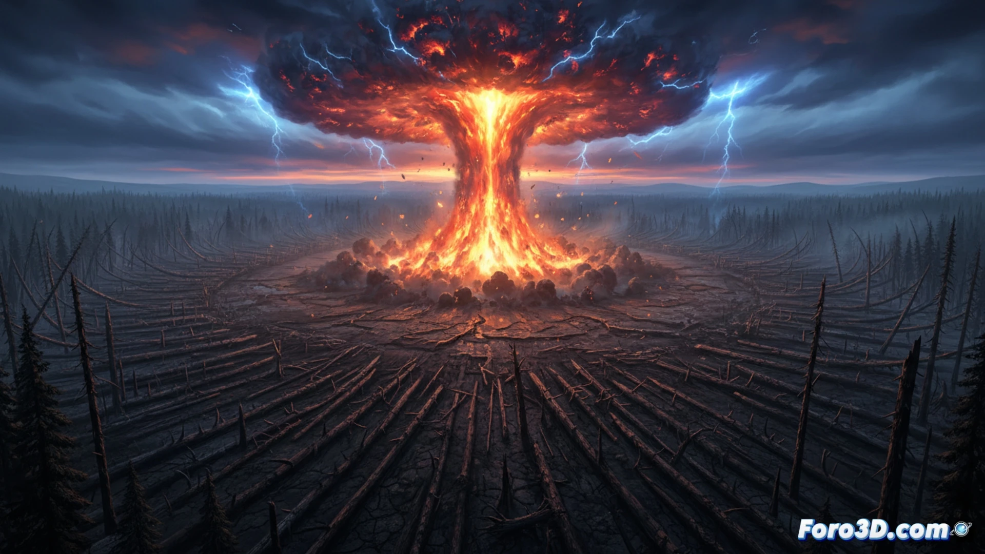 Recreación 3D de la onda expansiva del Evento de Tunguska derribando árboles en la taiga siberiana.