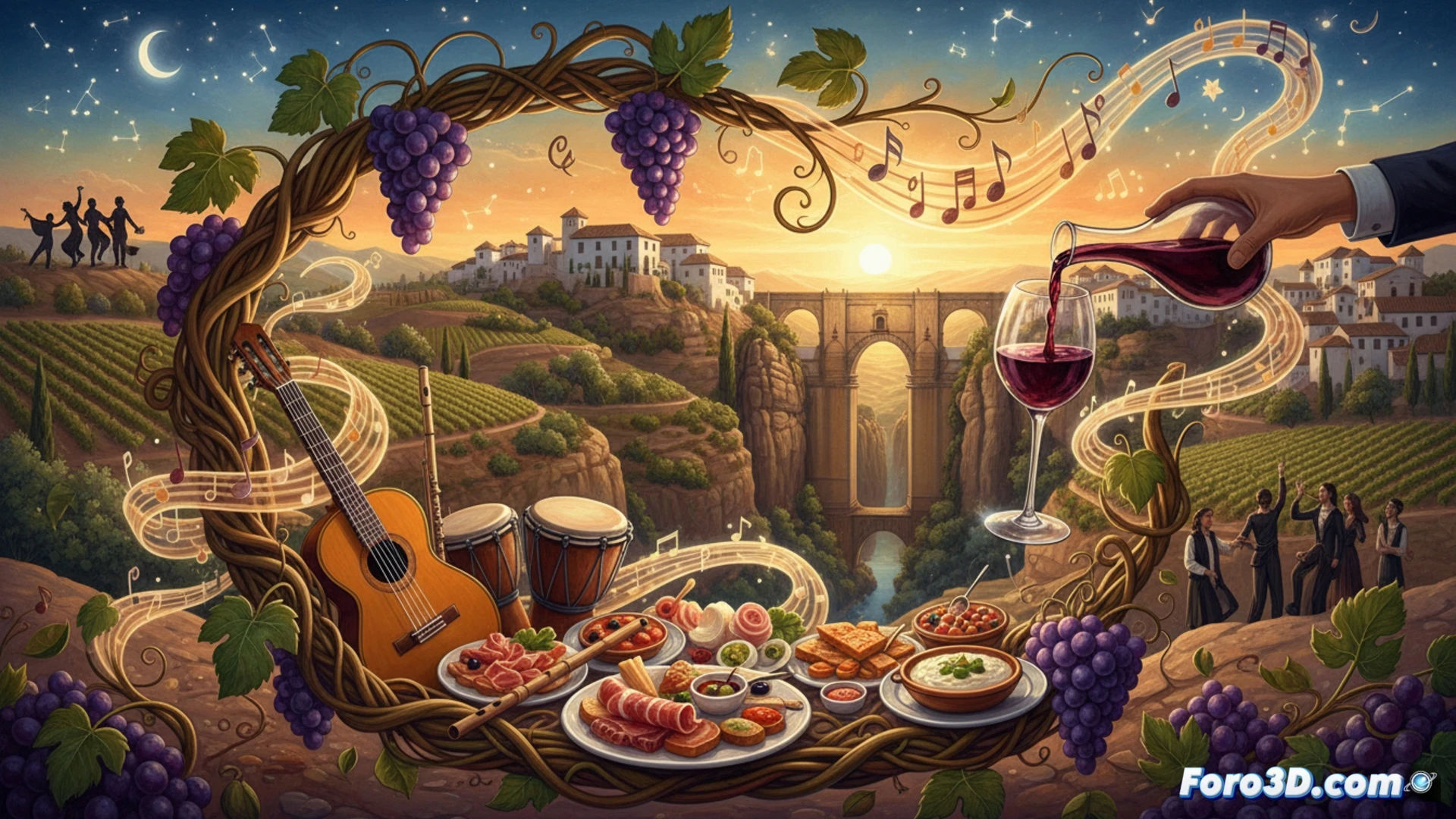 Una multitud disfruta de un concierto al aire libre entre viñedos, con la silueta de Ronda al fondo.