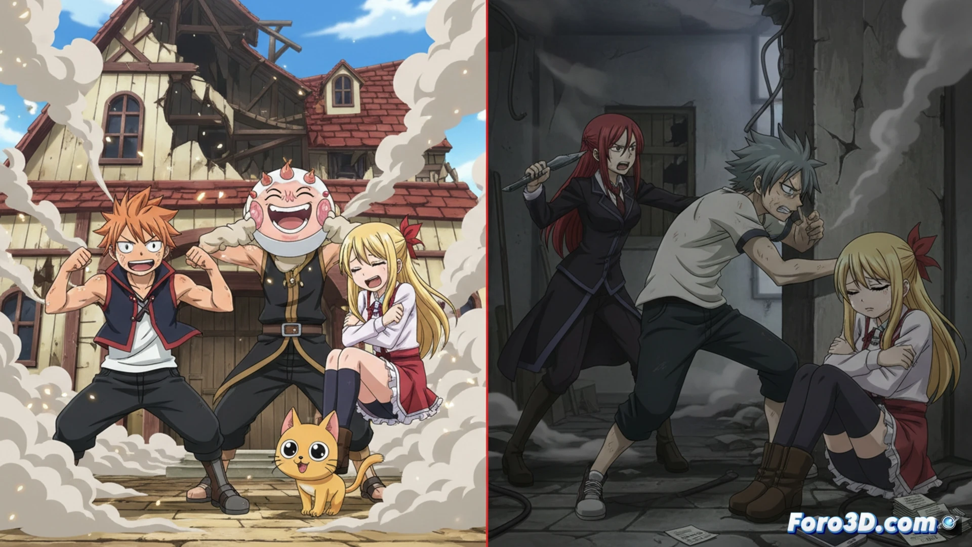 Dos grupos anime, Fairy Tail y Ouran, sonríen juntos; sombras tenues revelan tensiones ocultas y dependencia emocional tras su fachada ideal.