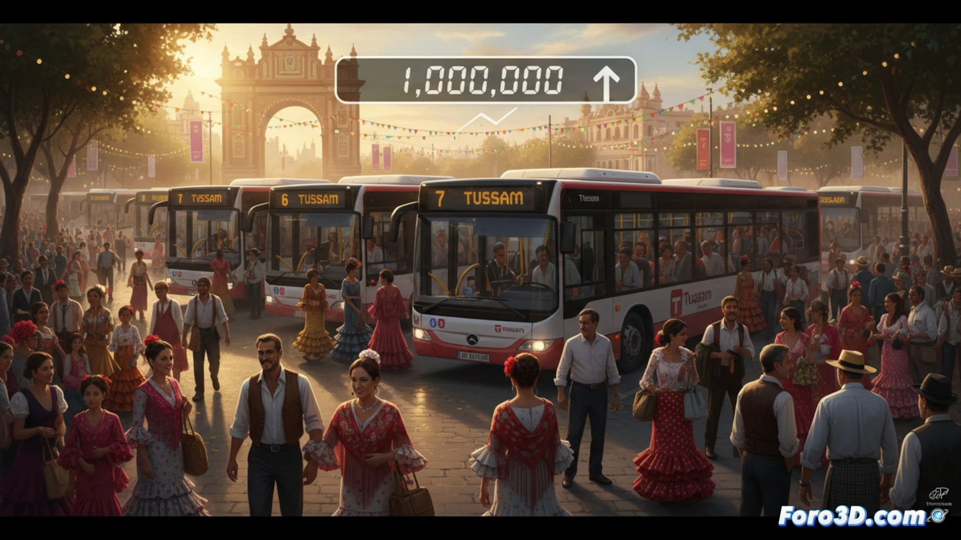 Autobús de Tussam abarrotado en la Feria de Abril de Sevilla, con pasajeros sonrientes al atardecer.