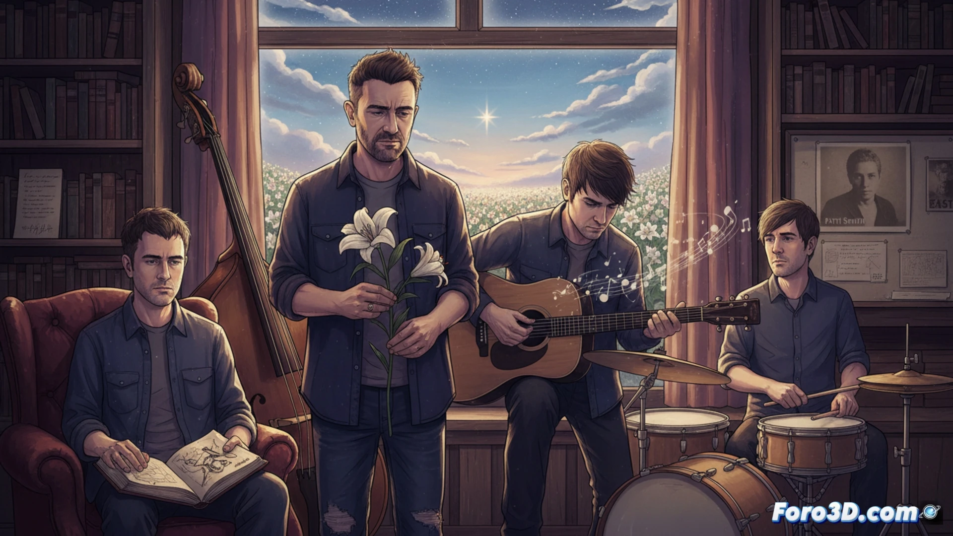 Un Bono introspectivo, con letras manuscritas y un lirio blanco sobre un fondo oscuro y texturizado.