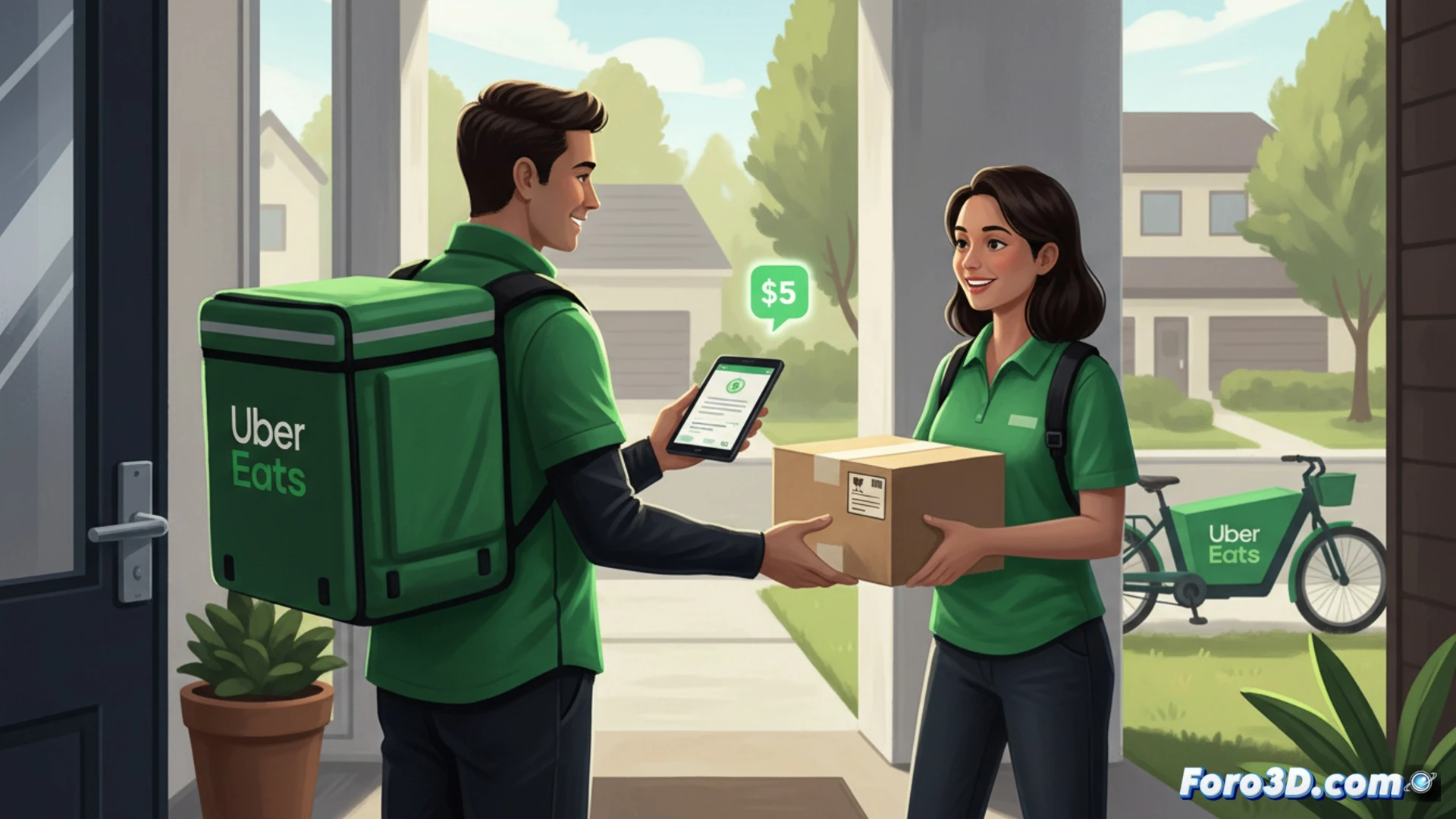 Un repartidor de Uber Eats recoge un paquete para devolver en la puerta de una casa, ofreciendo comodidad por una tarifa plana.