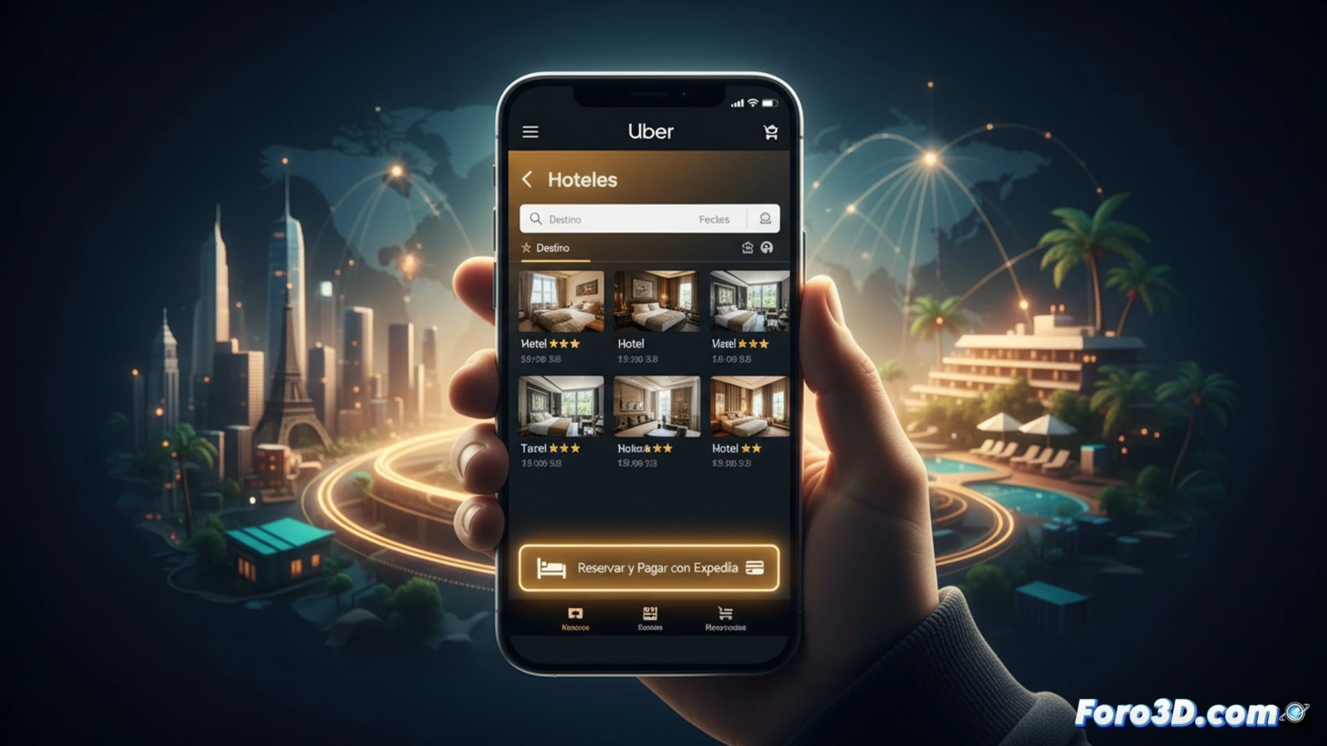 Pantalla de app Uber muestra mapa, auto y hotel; integración con Expedia para reserva y pago.