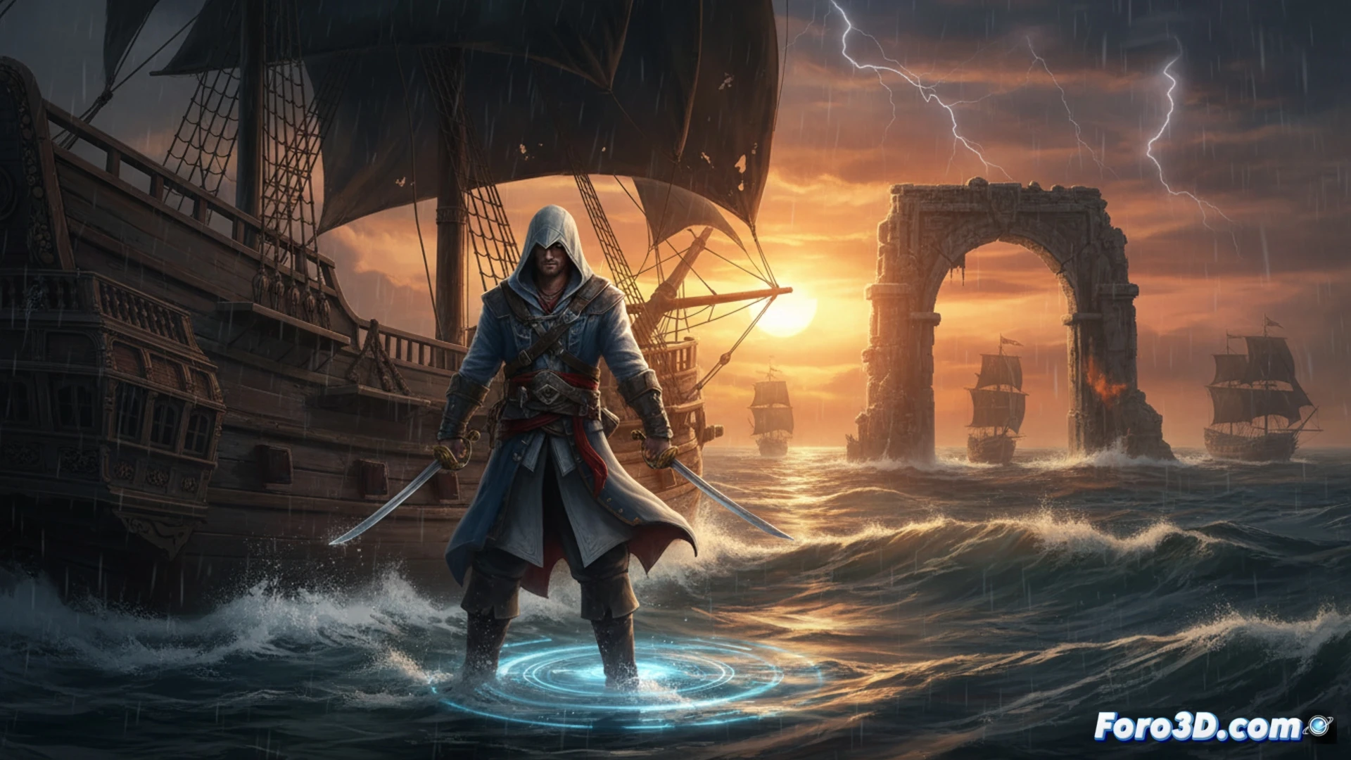 Un barco pirata navega en un mar al atardecer, con la bandera de Edward Kenway ondeando.