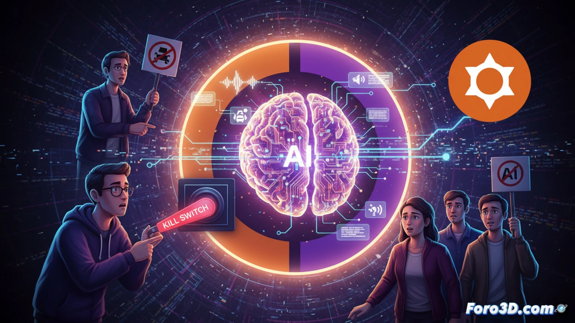 Ubuntu con IA: pantalla del sistema con icono de micrófono y engranaje, usuario dudando ante interruptor de privacidad.