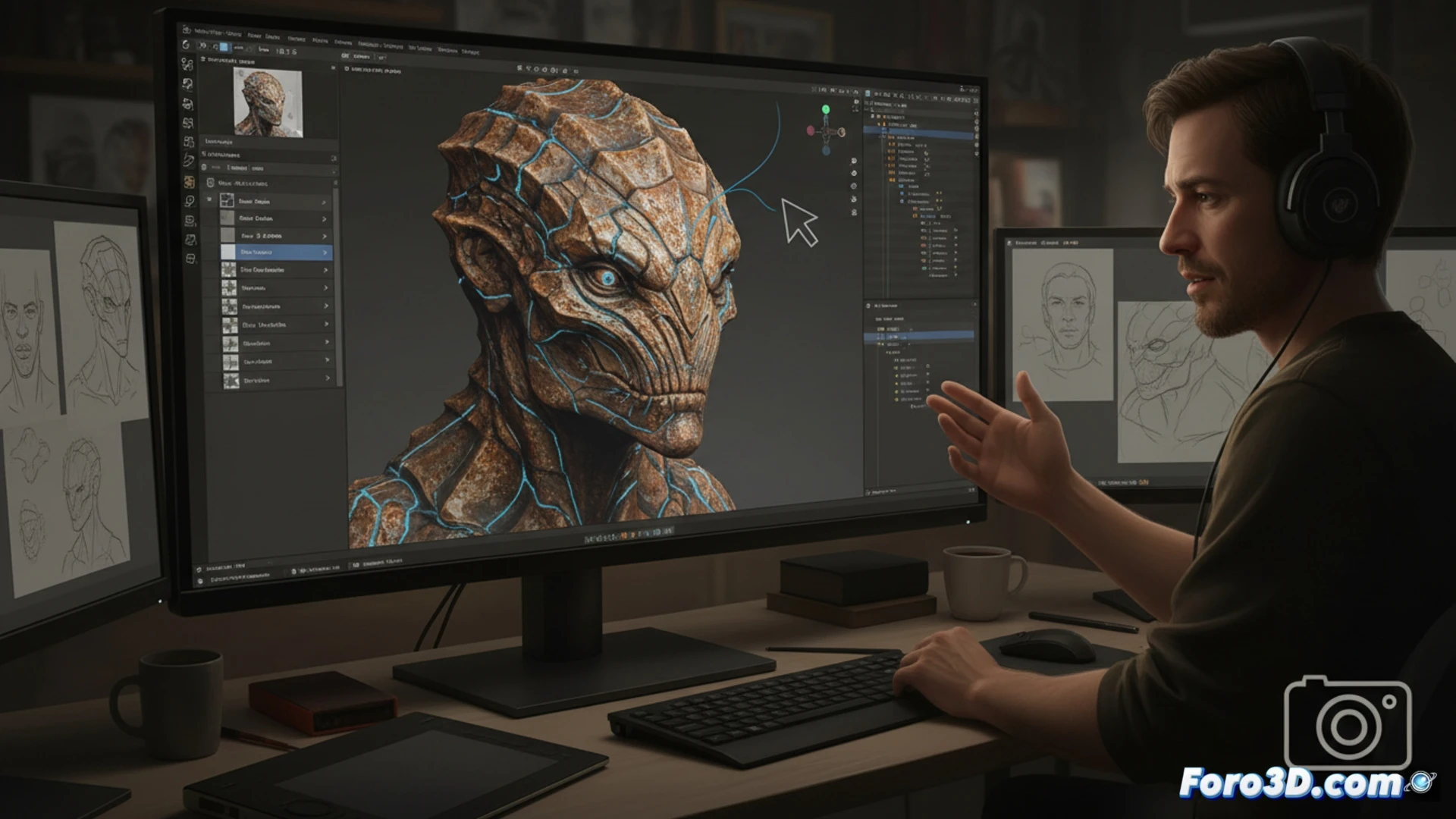 Una interfaz de Blender mostrando el editor de nodos con el complemento Ucupaint activo y capas de textura apiladas.